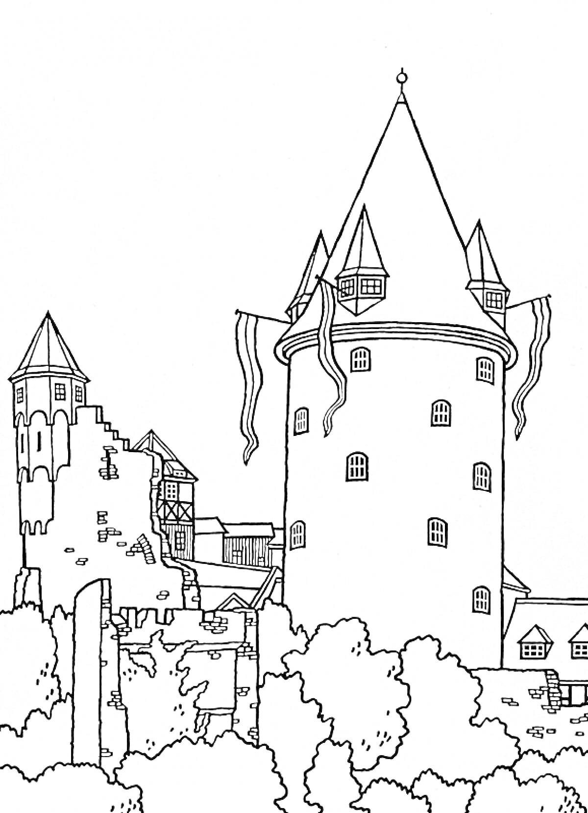 На раскраске изображено: Замок, Башни, Руины, Германия, Архитектура, Деревья, Средневековье, Флаг