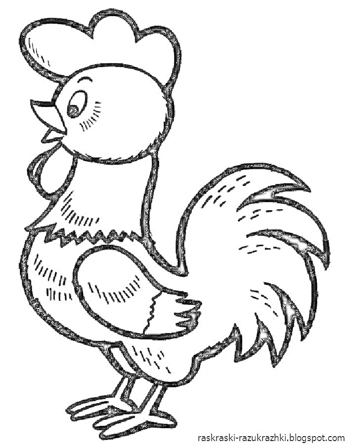Раскраска Раскраска - Петух с массивным хвостом, гребешком и бородкой, стоящий и смотрящий вправо