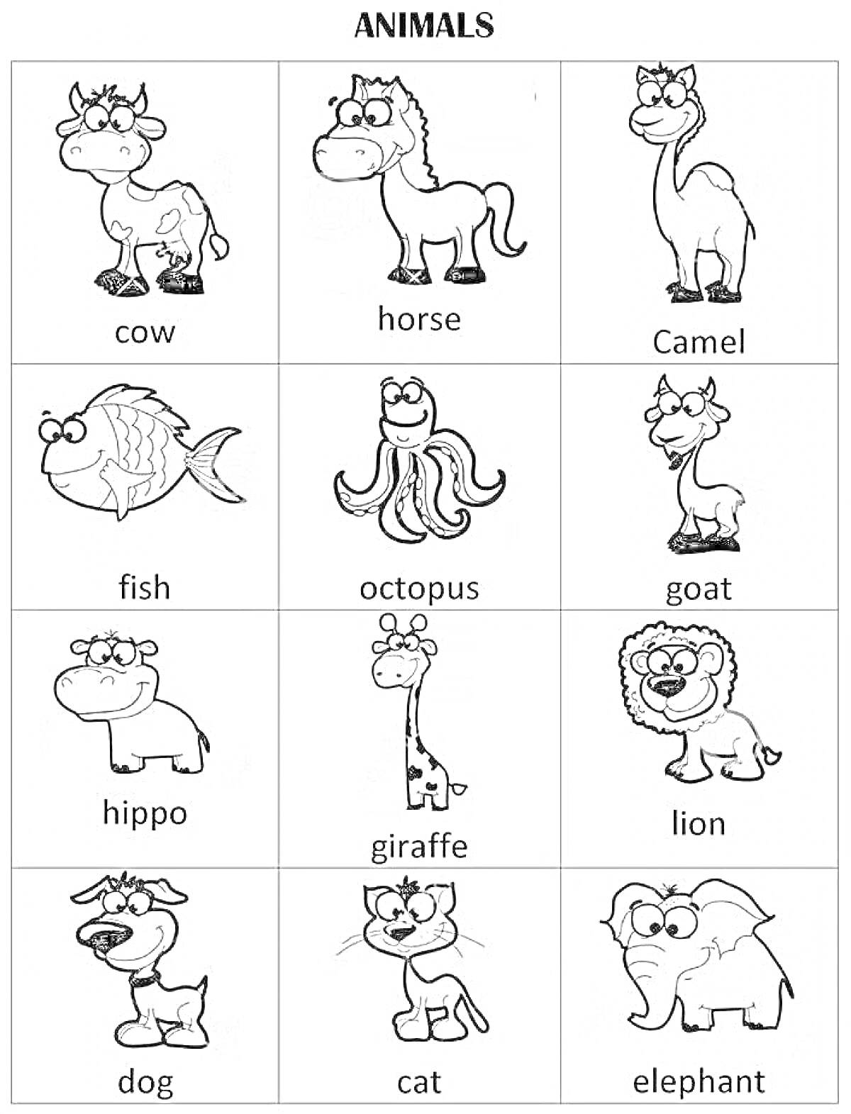 На раскраске изображено: Животные, Корова, Лошадь, Верблюд, Рыба, Гиппопотам, Лев, Собака, Слон