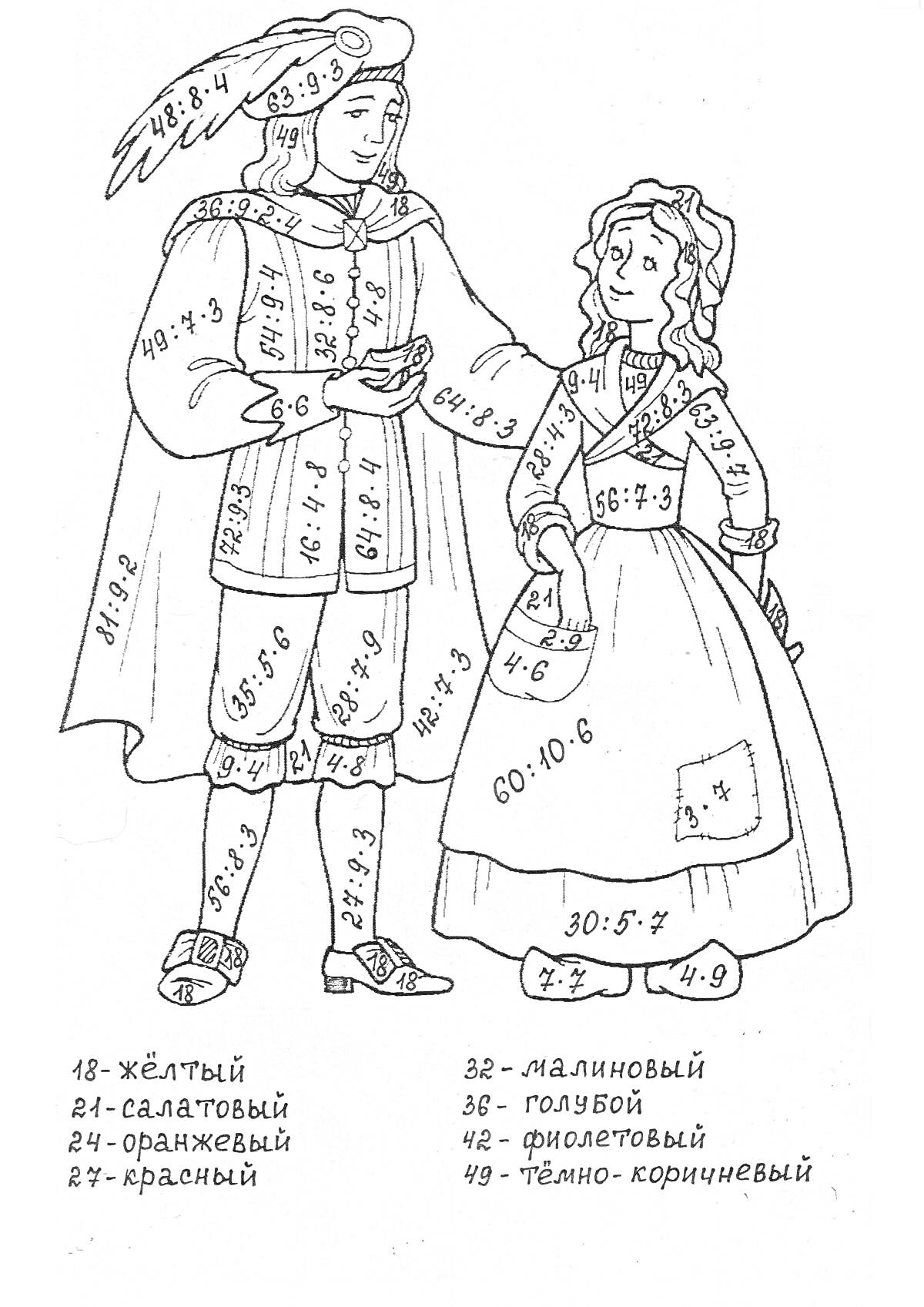 Раскраска Мужчина и женщина в исторических костюмах, цветная по математическим примерам