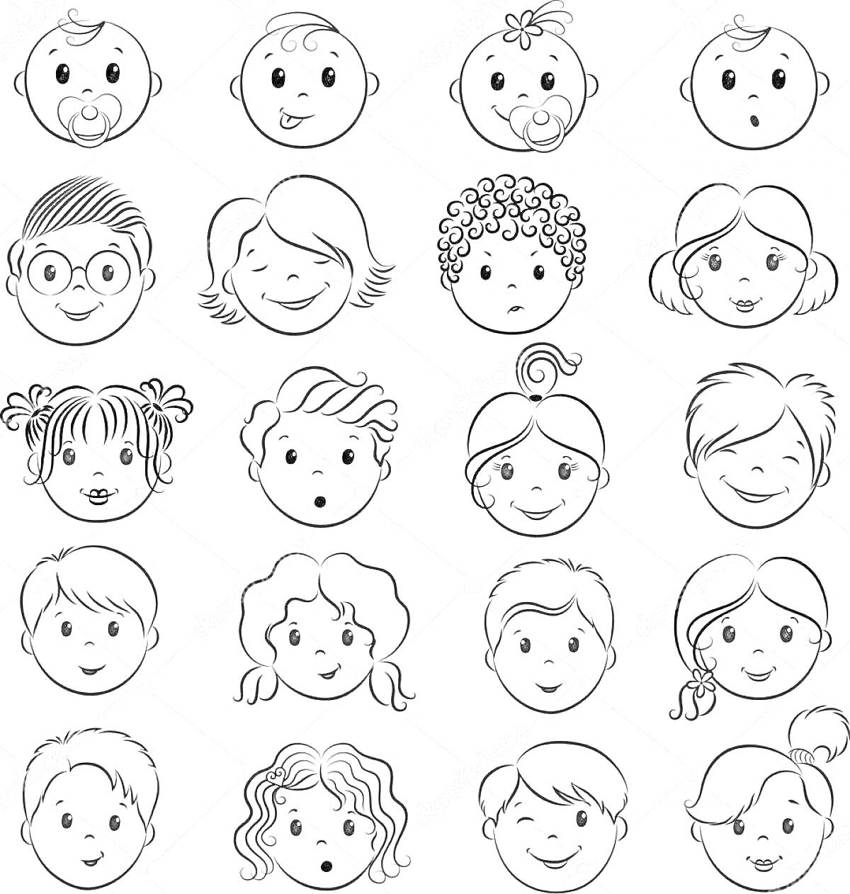 Раскраска Рисунок с 20 детскими лицами, выражающими разные эмоции
