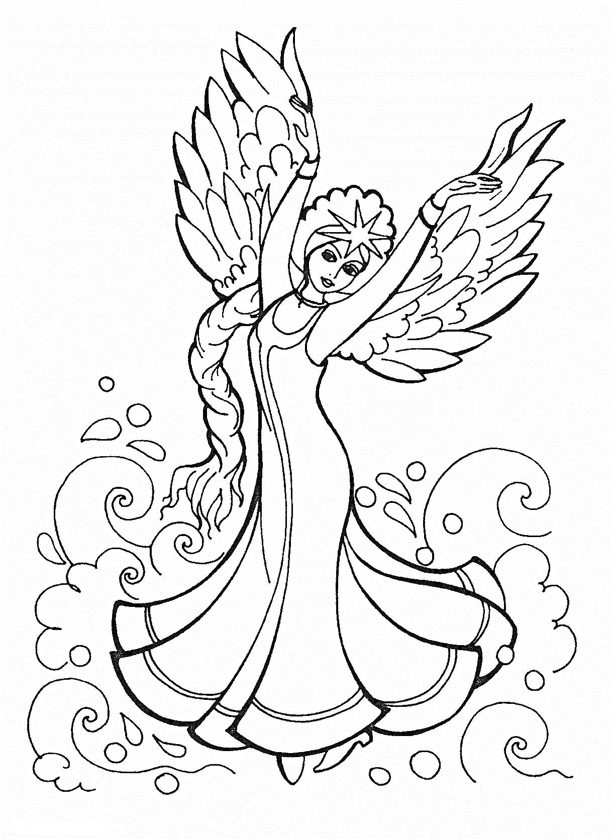Раскраска Лебедь-фея с крыльями, волнами и завитками