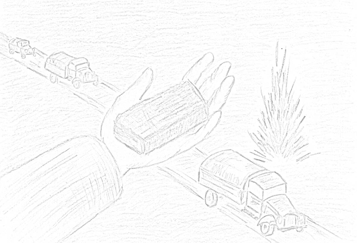 Раскраска Рука, держащая кирпич, грузовики на дороге и пожар