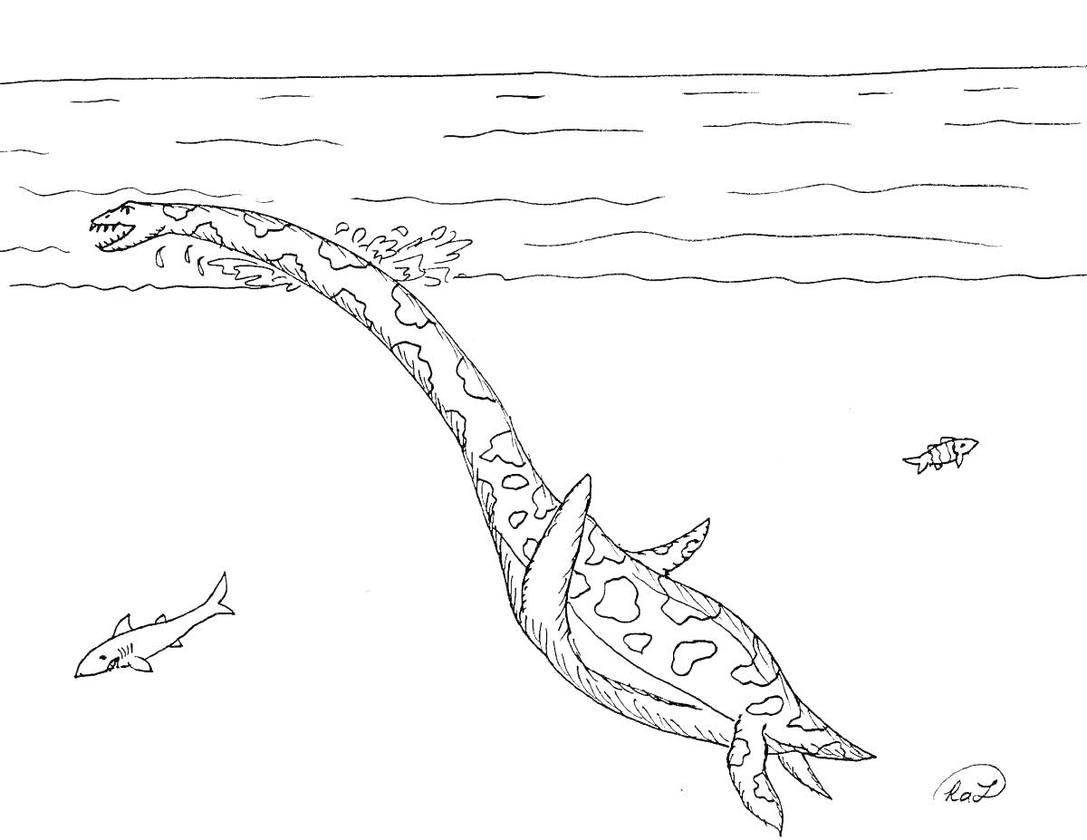Раскраска Плезиозавр в воде с рыбами