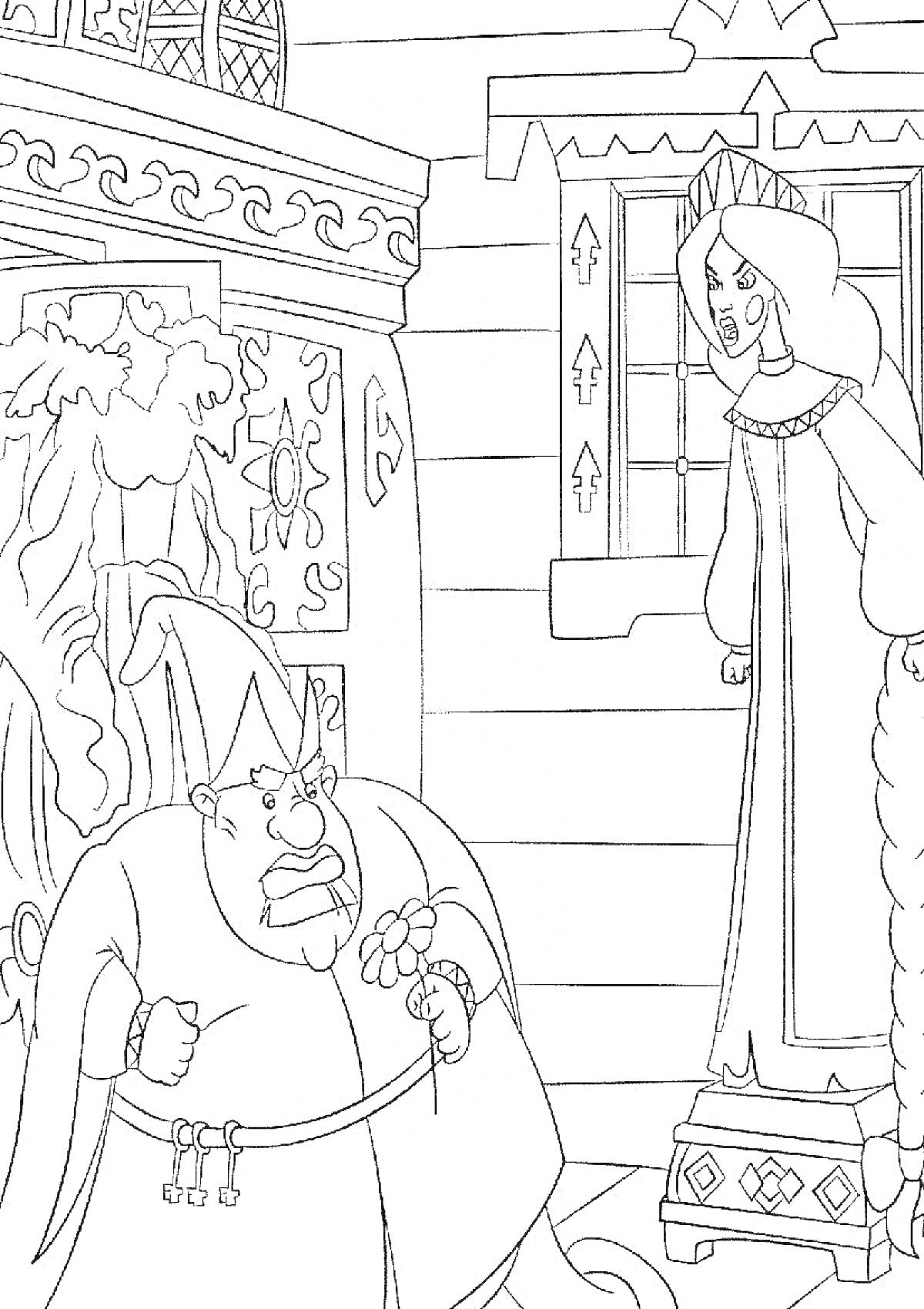 На раскраске изображено: Три богатыря, Комнатный интерьер, Красавица, Наряд, Наблюдение, Декорации