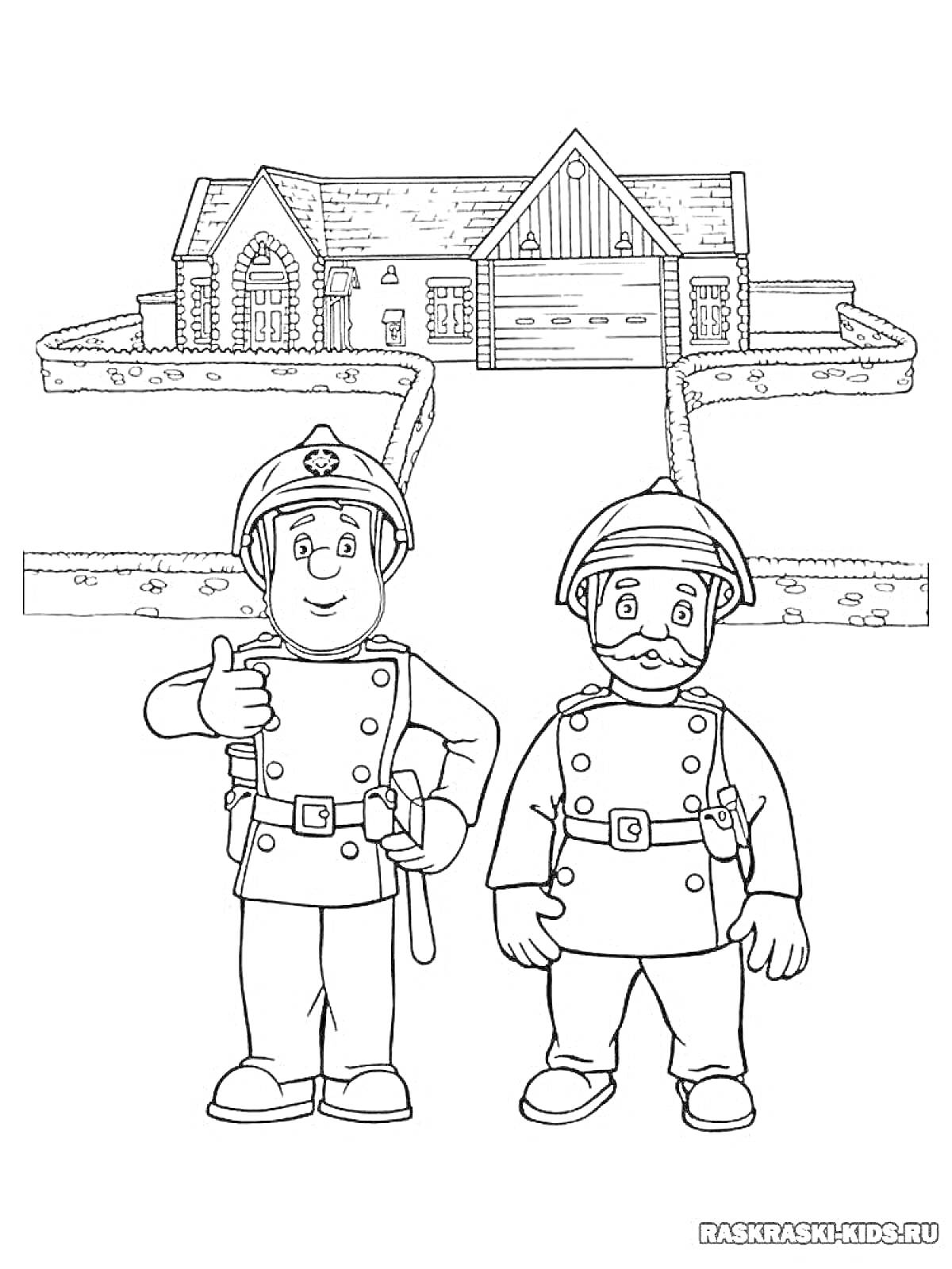 На раскраске изображено: Пожарные, Дом, Пожарная часть, Здание, Работа, Спасатели
