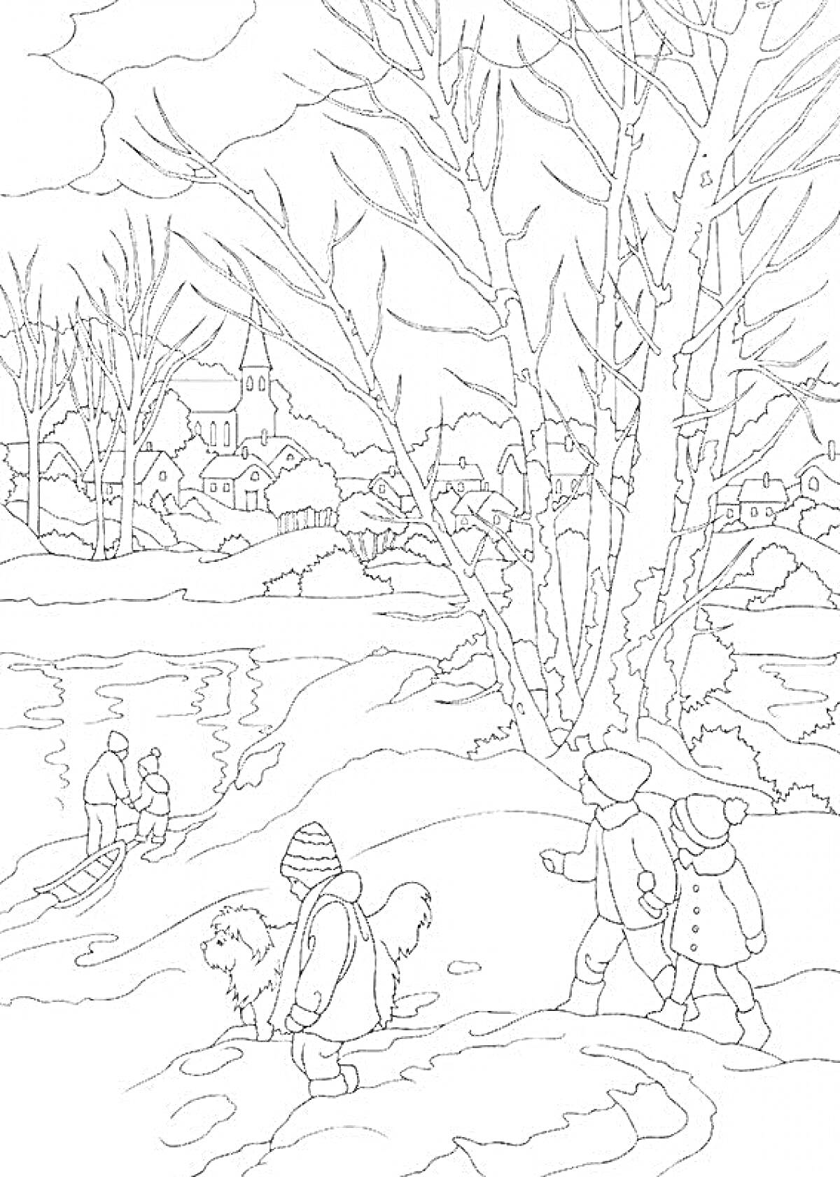 Раскраска Зимний пейзаж с деревьями, рекой, домами и гуляющими людьми