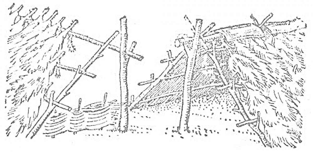 Шалаш с ветками и каркасом из палок