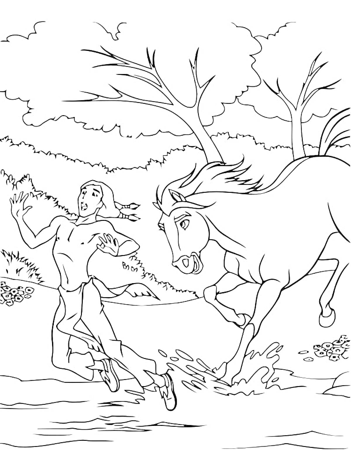 На раскраске изображено: Спирит, Лошадь, Человек, Бег, Река, Лес, Природа, Деревья, Из мультфильмов