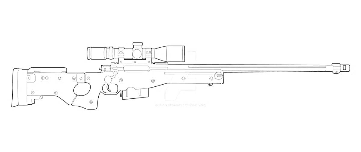 На раскраске изображено: Снайперская винтовка, AWM, Оружие, Винтовка, Оптический прицел, Стрелковое оружие