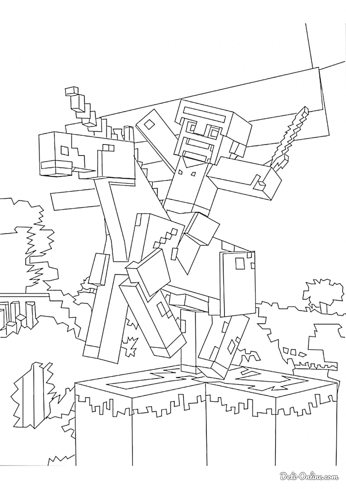 Раскраска Персонаж из Майнкрафт на коне с мечом