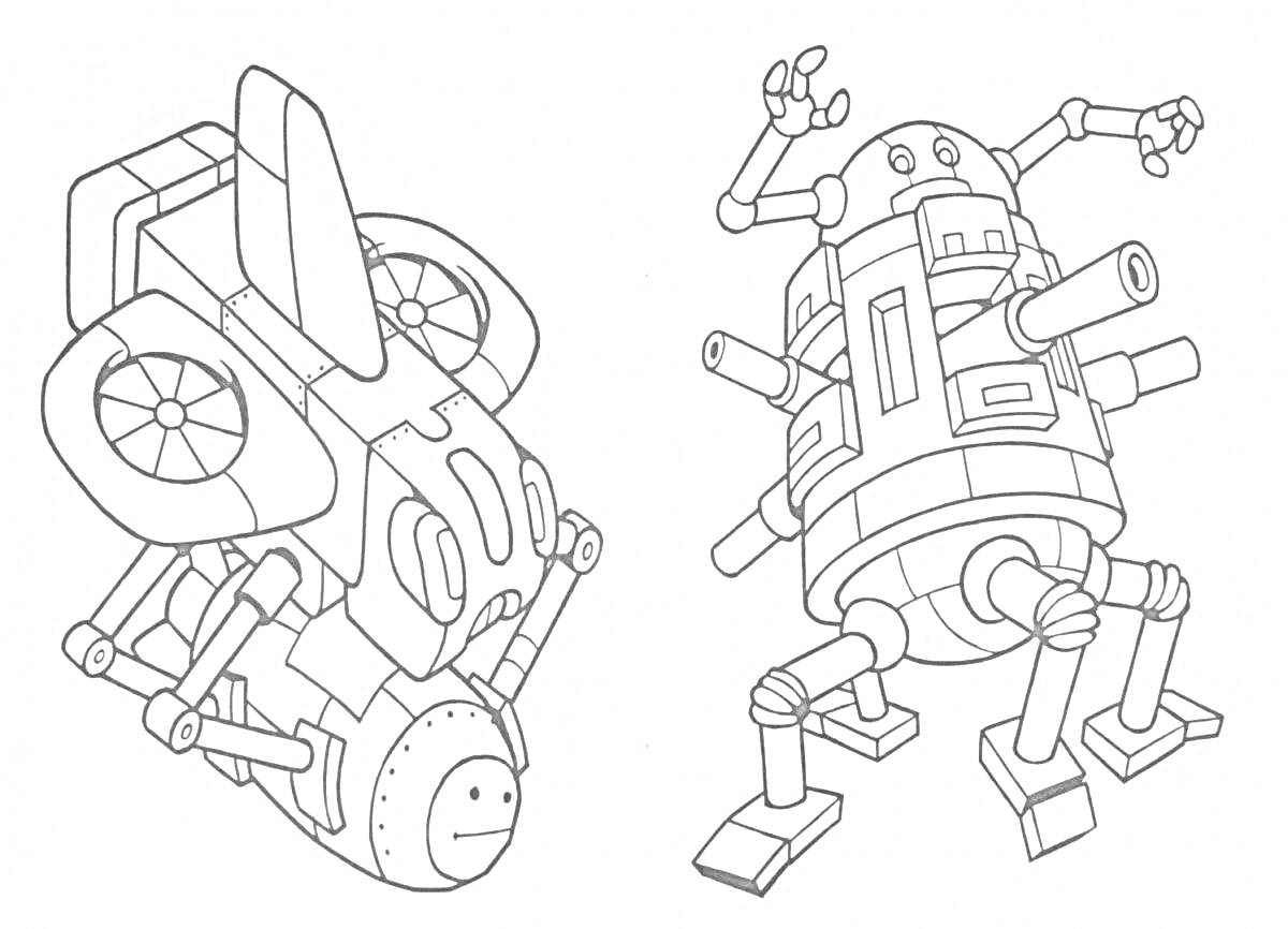 Раскраска Два робота будущего с элементами ракет и механических конечностей