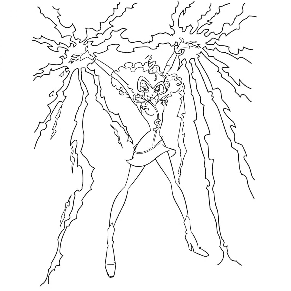 На раскраске изображено: Ведьма, Магия, Энергия, Кудрявые волосы, Поднятые руки, Платье, Ботинки