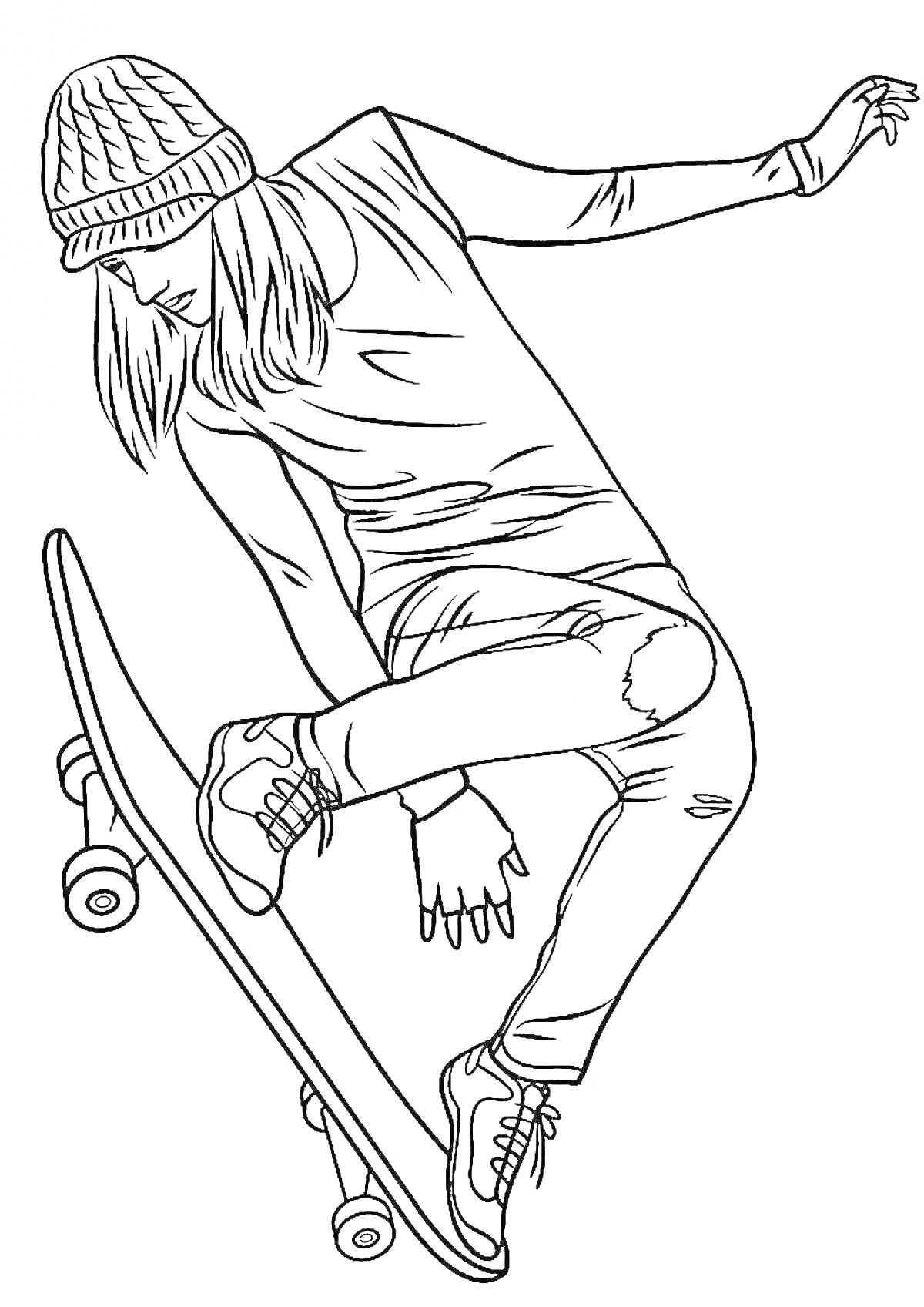 Раскраска Молодой человек в шапке, джинсах и кроссовках на скейтборде
