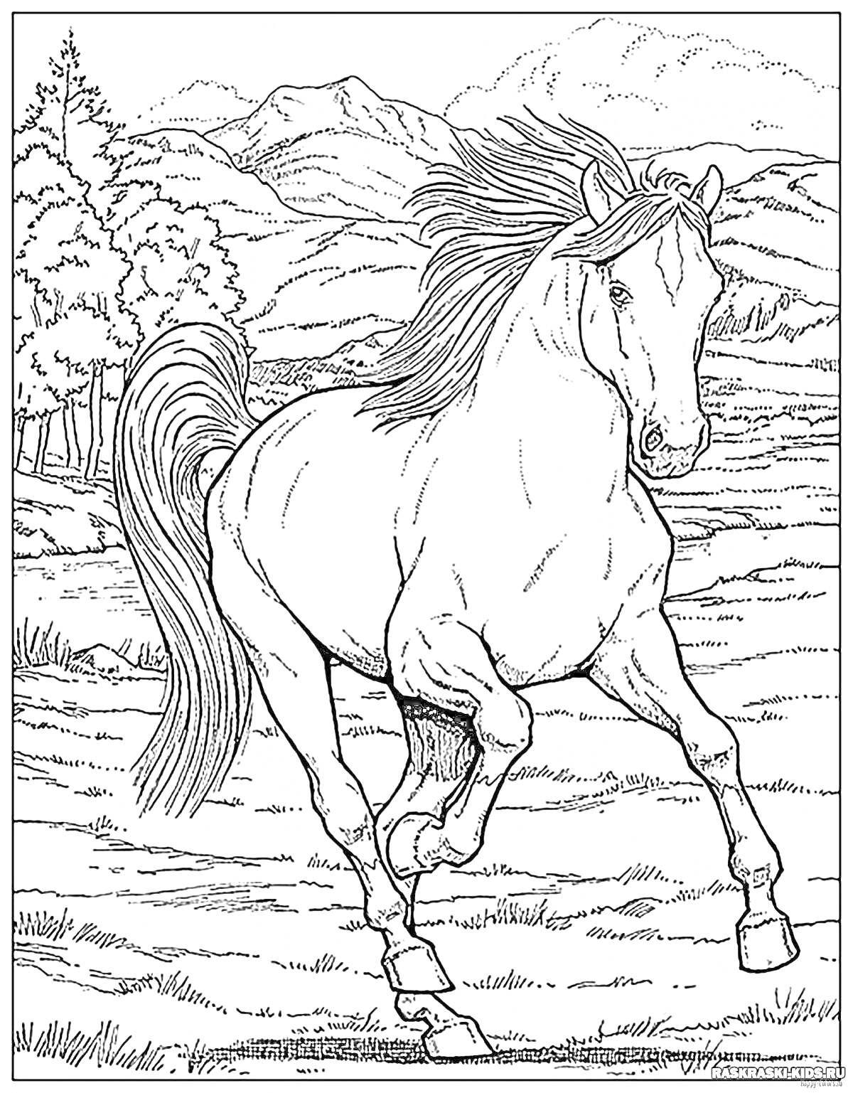 На раскраске изображено: Лошадь, Природа, Горы, Деревья, Животные