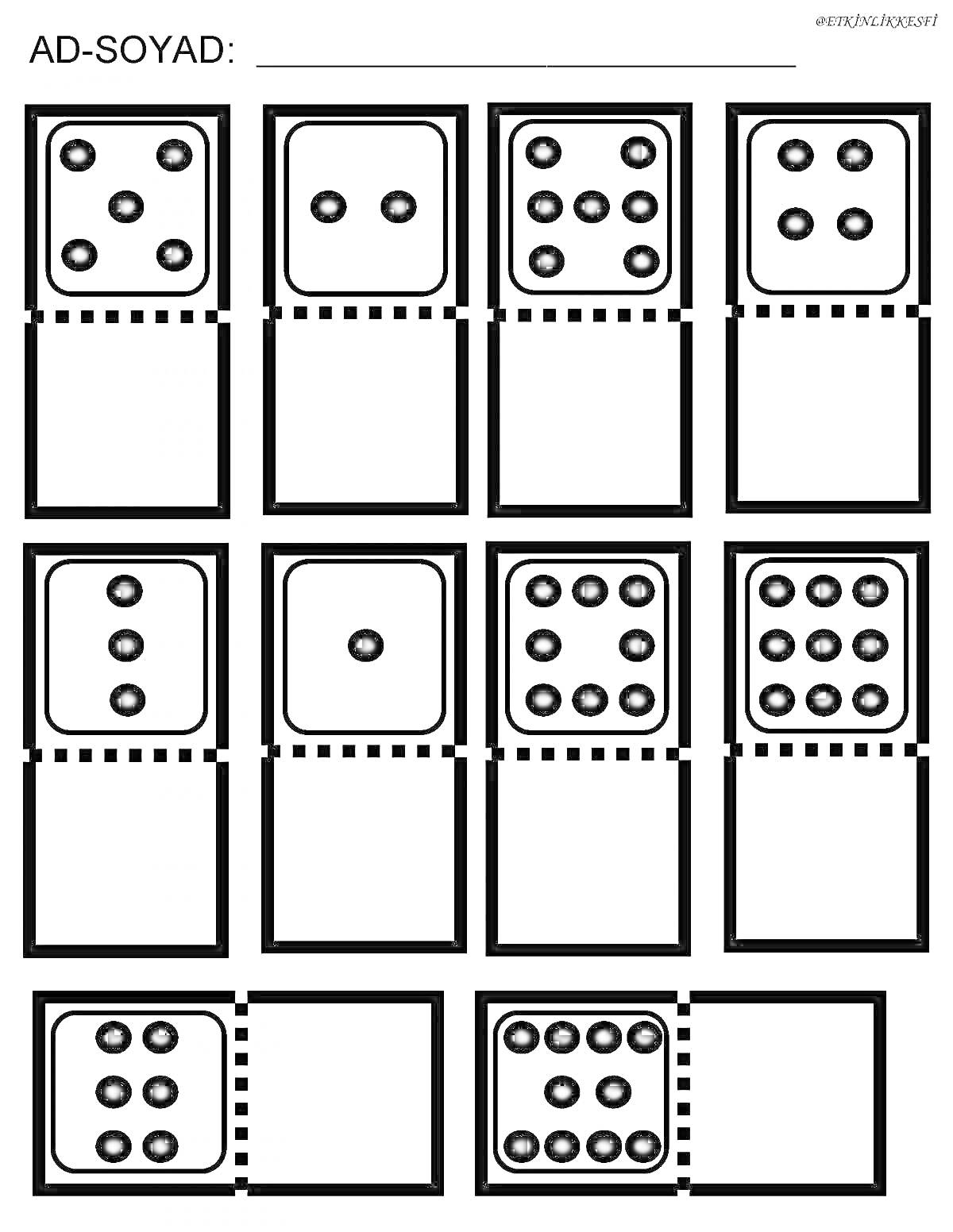 Раскраска Домино для детей с точками от 1 до 6 (черно-белая раскраска)