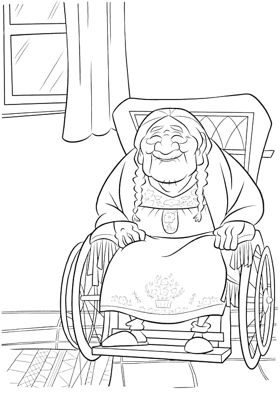 На раскраске изображено: Пожилая женщина, Шторы, Крупный план, Из мультфильмов, Тайна Коко, Окна