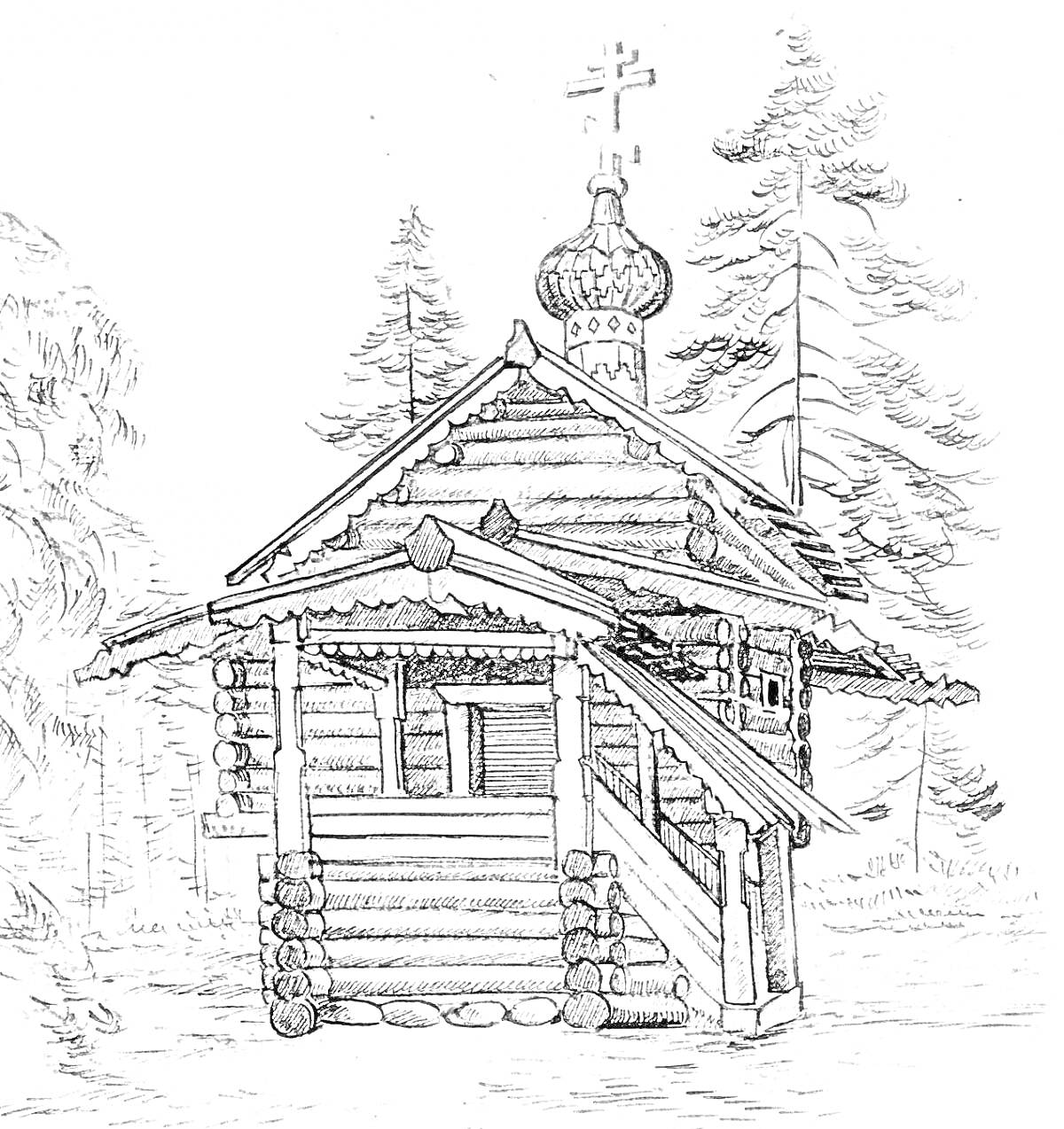 На раскраске изображено: Деревянное зодчество, Деревянный дом, Лестница, Изба, Крест, Лес, Россия