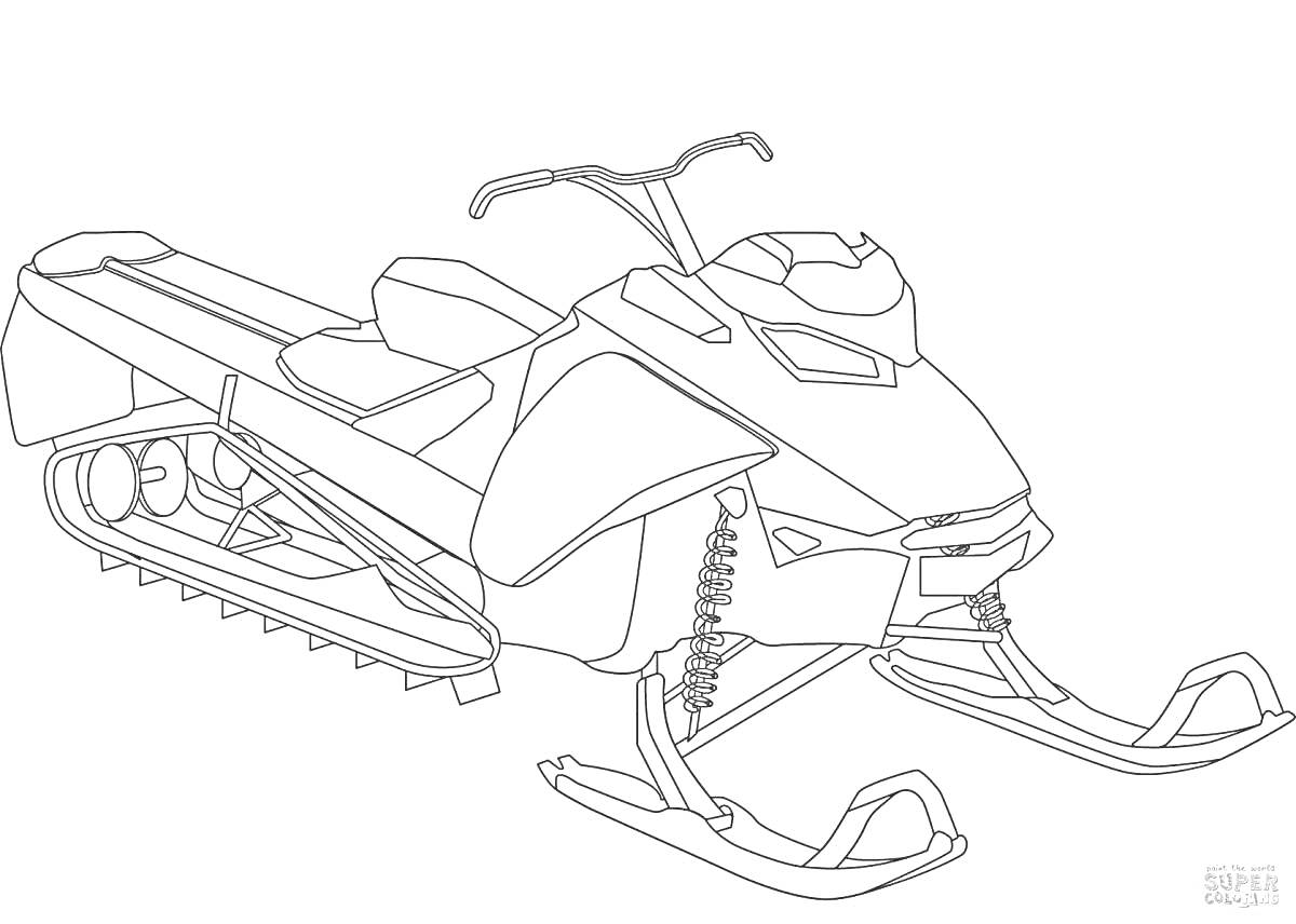 Раскраска Снегоход с рулем, сиденьем, подвеской, лыжами и гусеницей