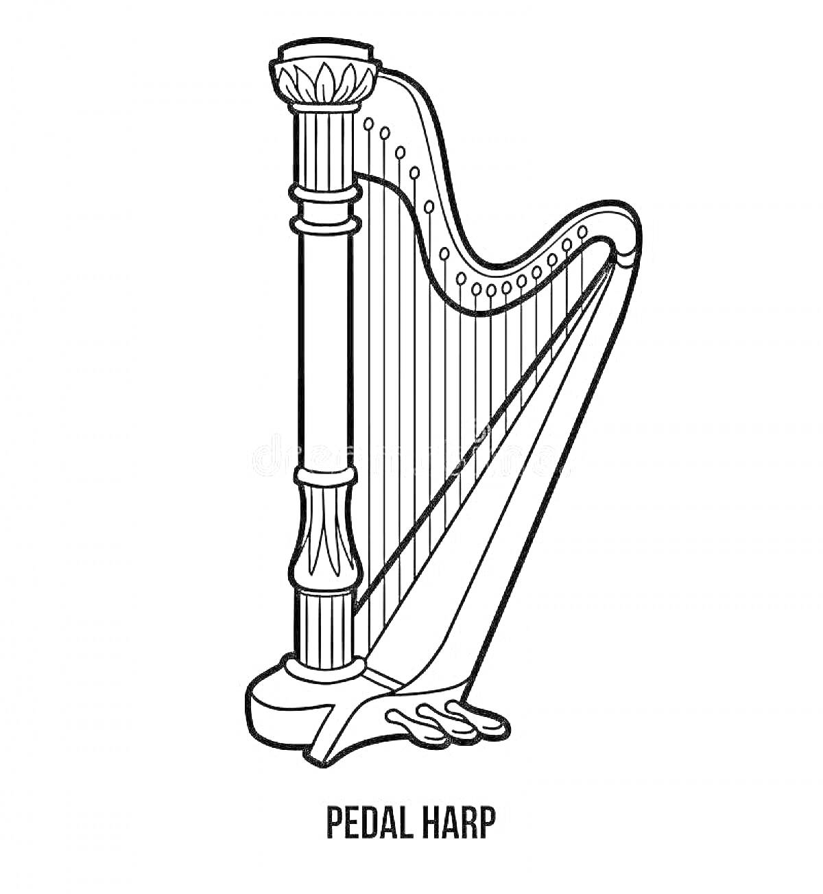 На раскраске изображено: Арфа, Музыкальный инструмент, Педали, Струны, Колонны