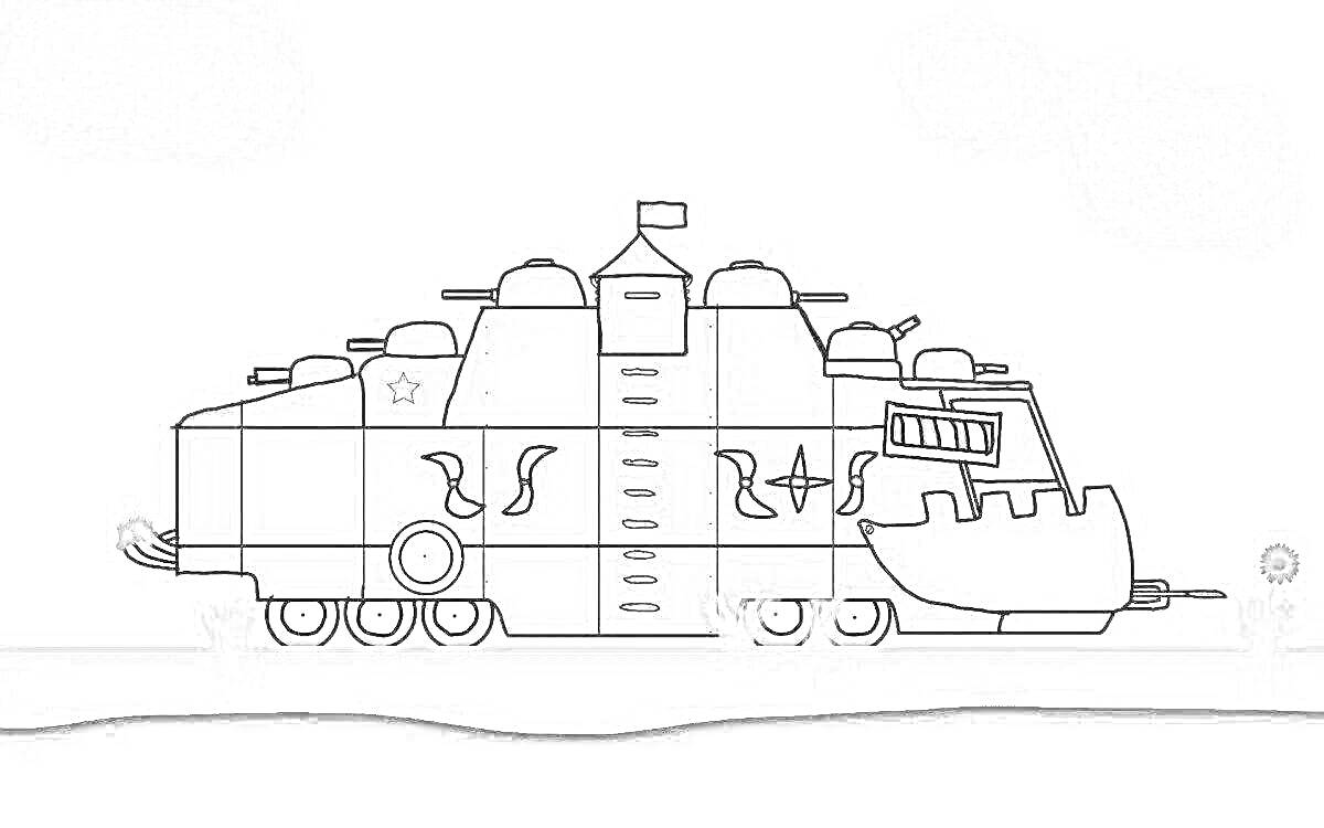 Раскраска Танк Ратте Геранд с башнями, башенками, вооружением и флагом на открытой местности с облаками