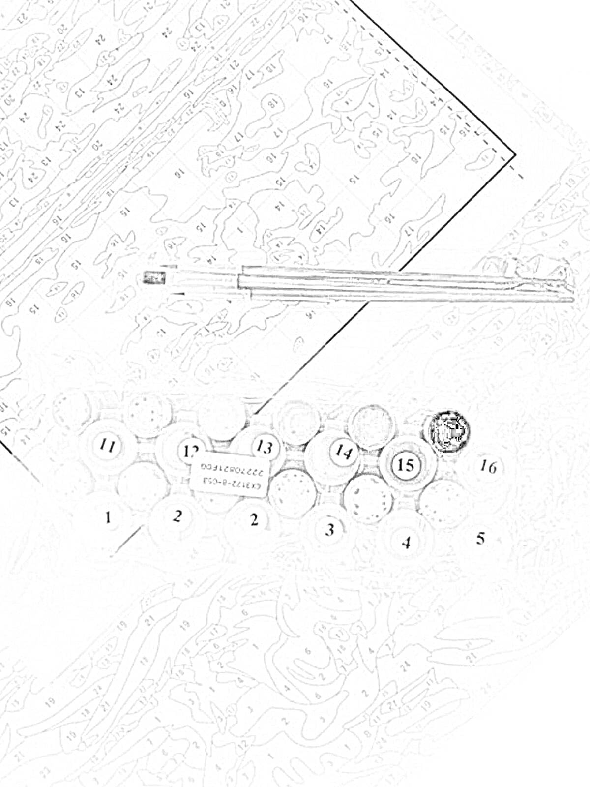 Раскраска Раскраска по номерам с кистью и баночками засохших красок на фоне карты раскраски