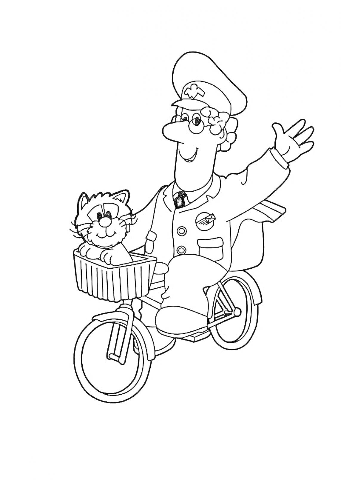 Раскраска Почтальон на велосипеде с котом в корзине