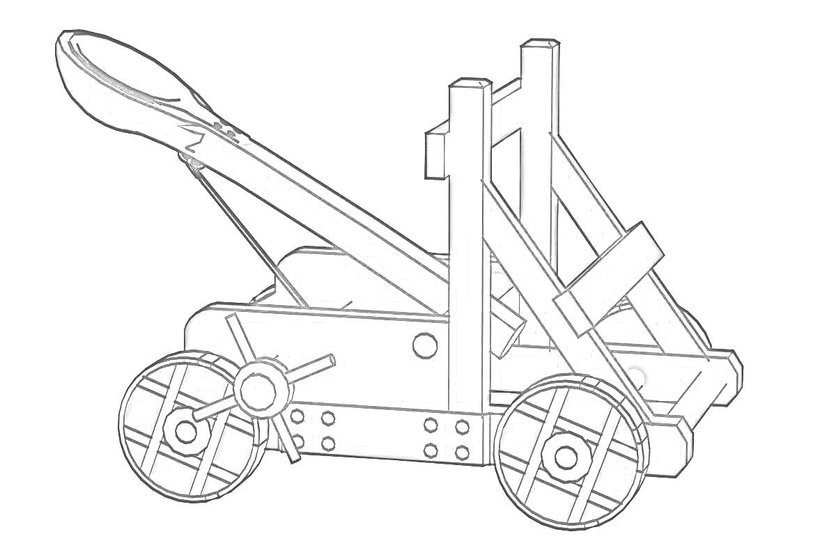 Раскраска Катапульта с колесами, каркасом и рычагом
