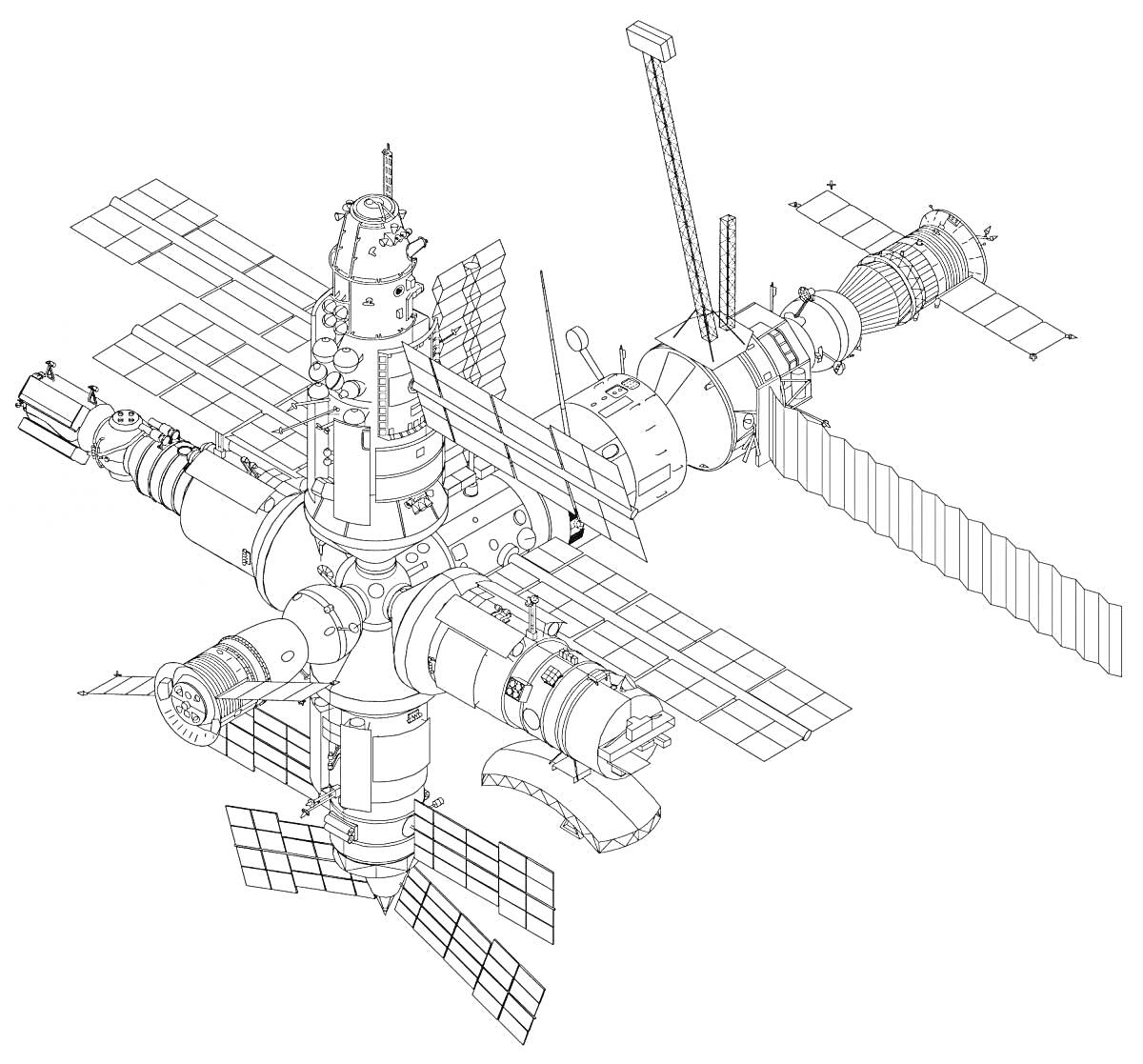 Международная космическая станция с солнечными батареями, модулями и радиаторами