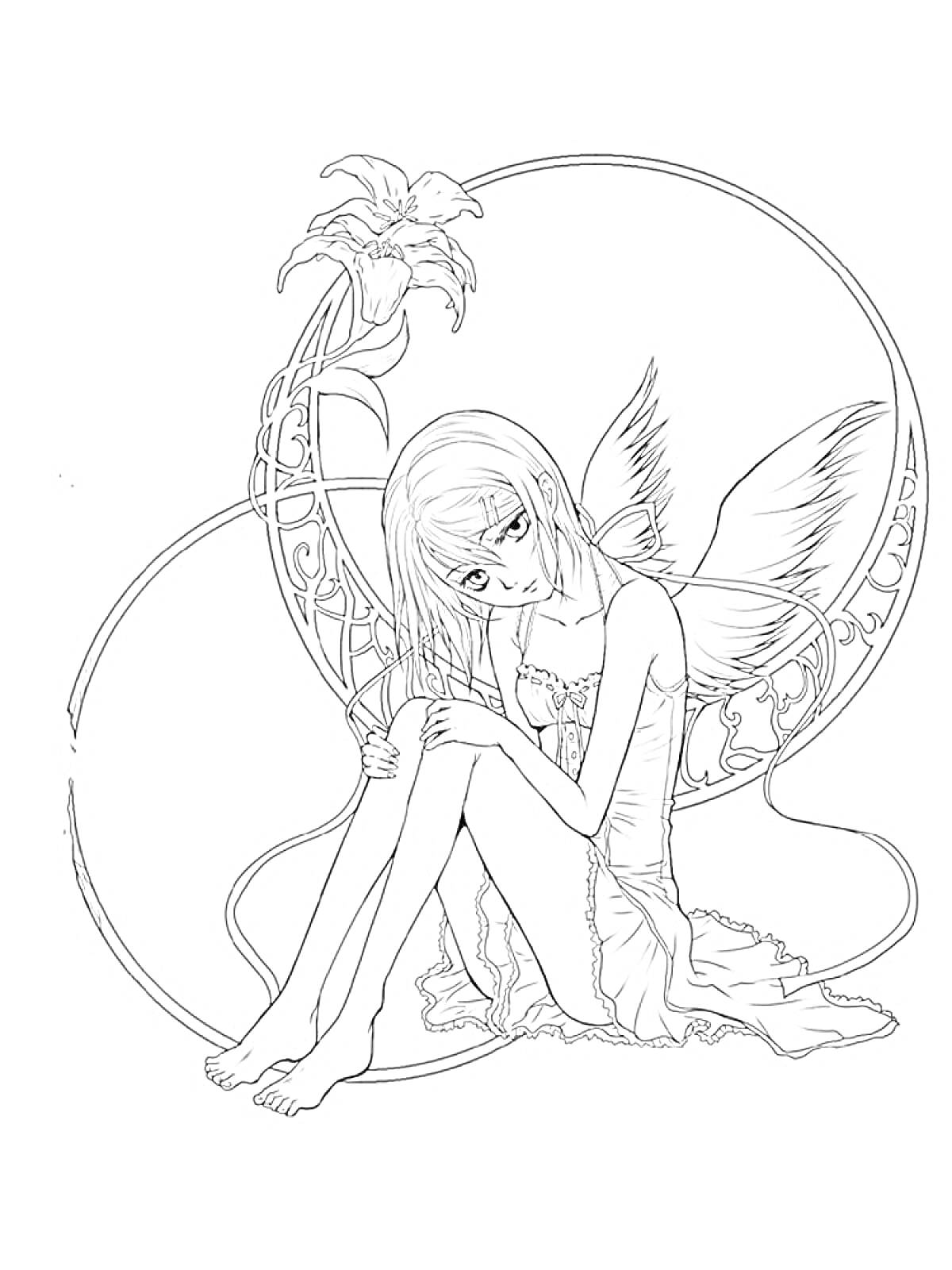 Раскраска Аниме ангел на земле с цветком лилии на заднем плане