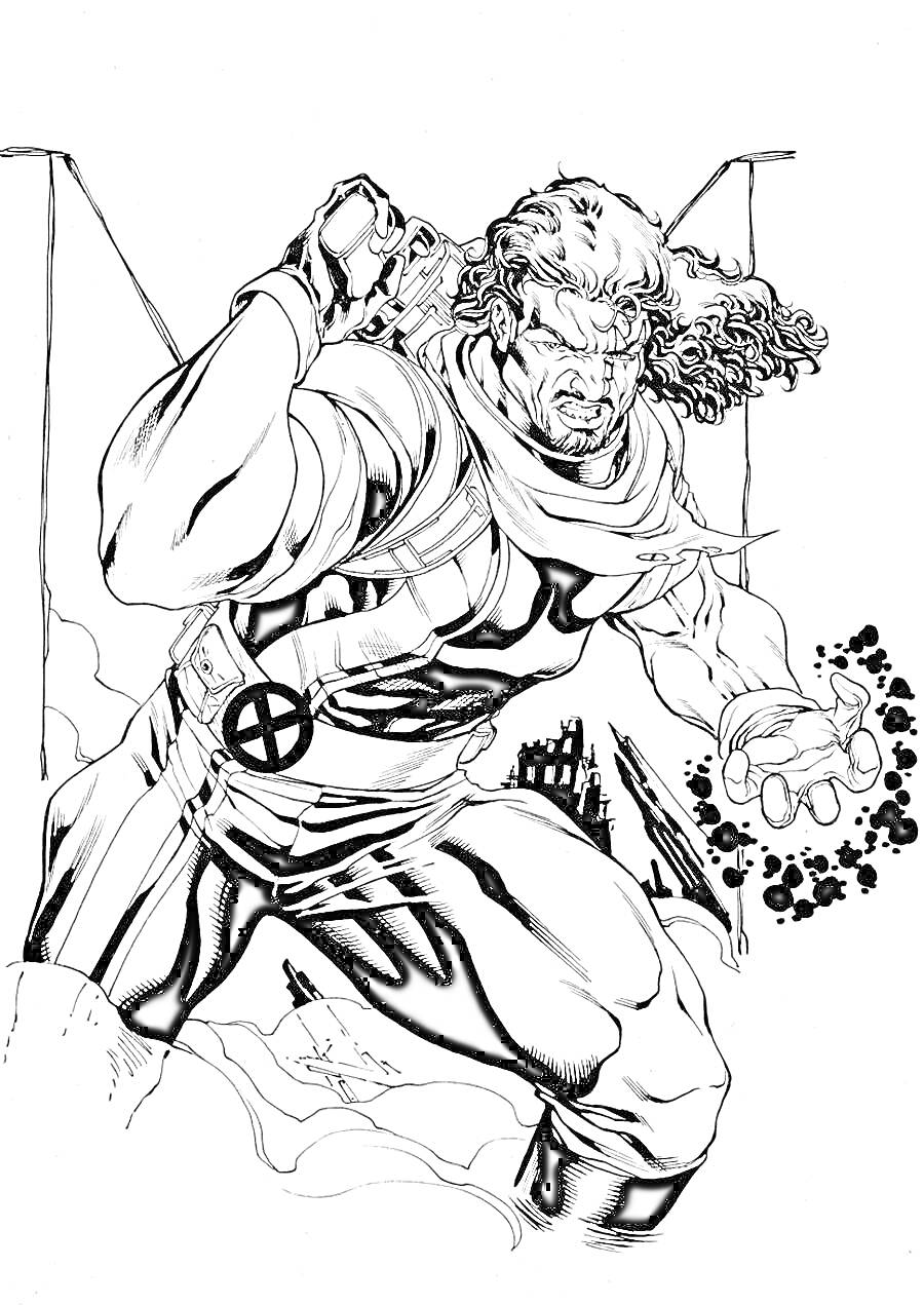Персонаж из Люди Икс в костюме с символом X, стоящий в боевой позе на фоне разрушенного города и мостов