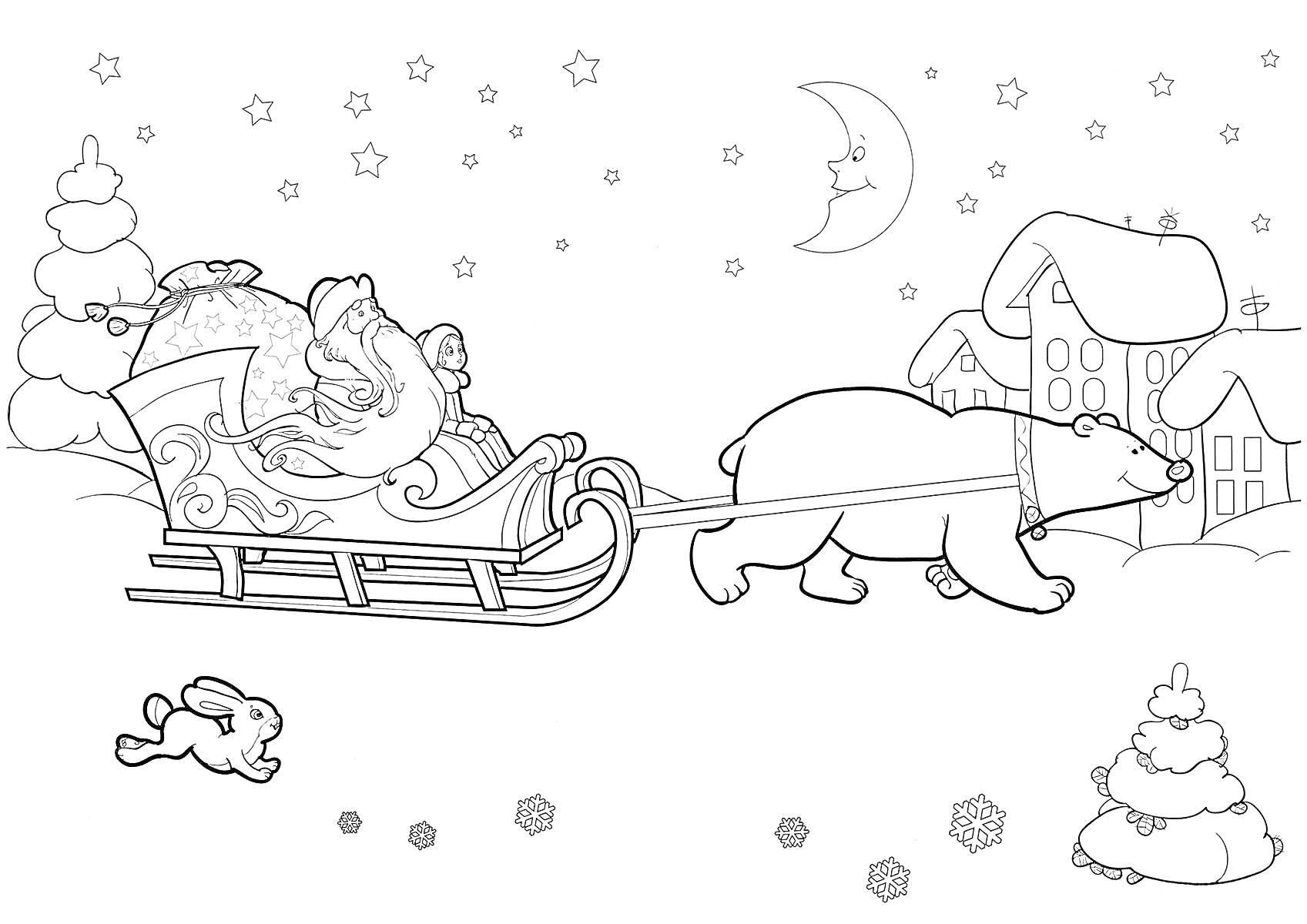 Санта Клаус в санях, запряжённых медведем, прыгающий заяц, дома, деревья, снег, звёзды, месяц