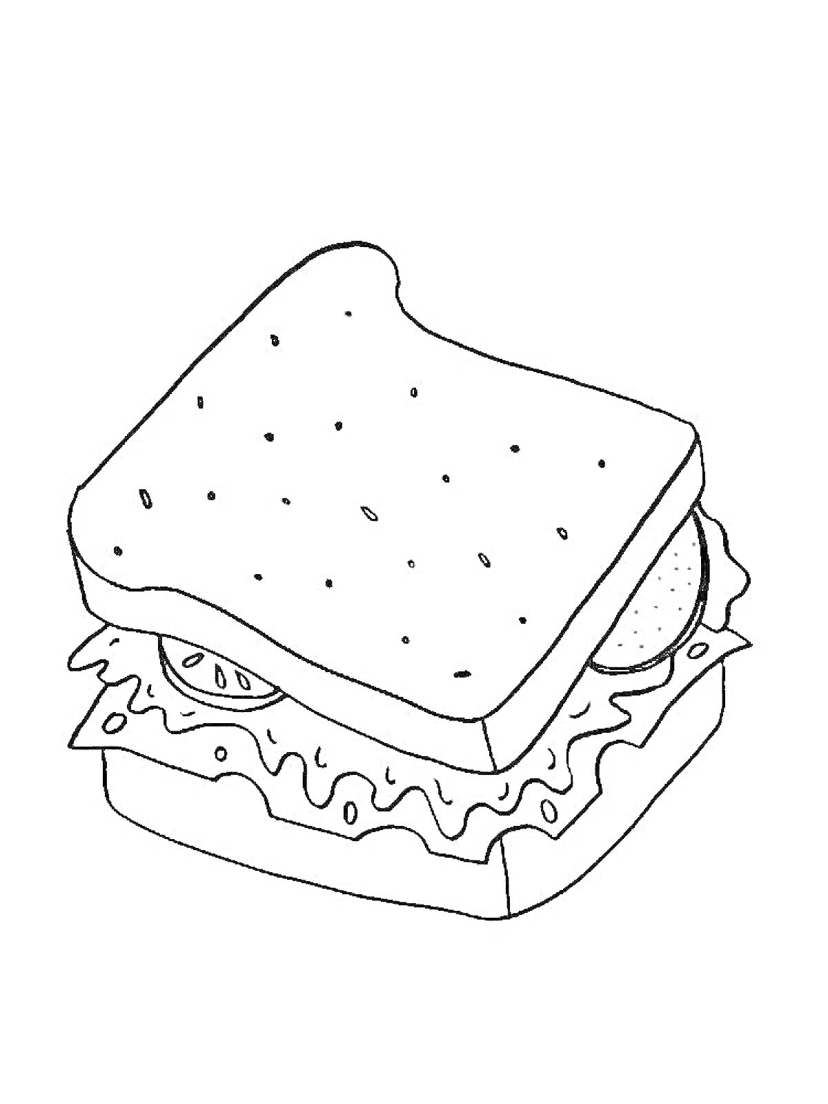 На раскраске изображено: Сэндвич, Еда, Хлеб, Салат, Бутерброд