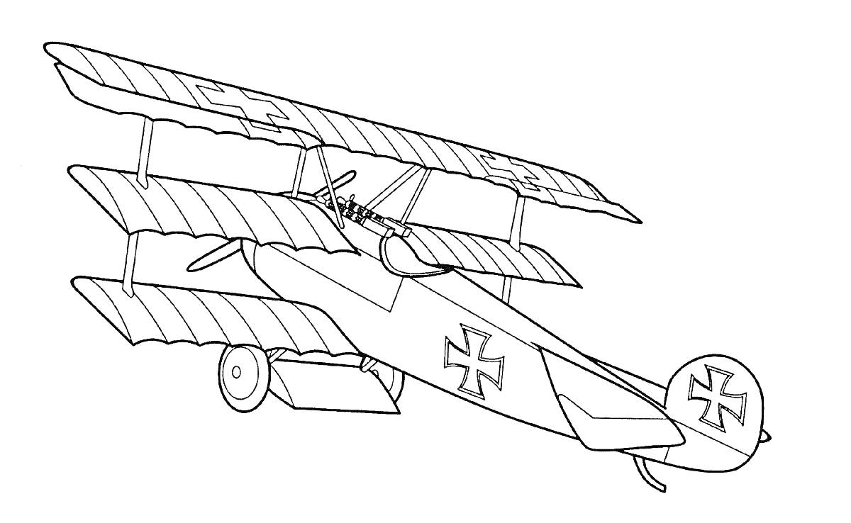 Раскраска Военный триплан с крестами на крыльях и фюзеляже