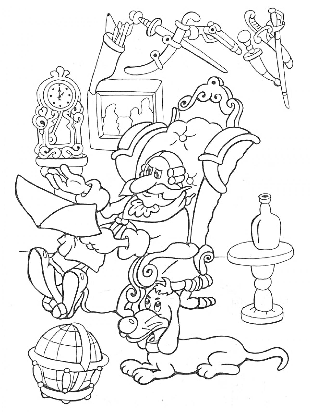 Раскраска Барон Мюнхгаузен сидит в кресле с собакой, держа карту и окруженный часами, бутылкой на столе, глобусом и мечами на стене