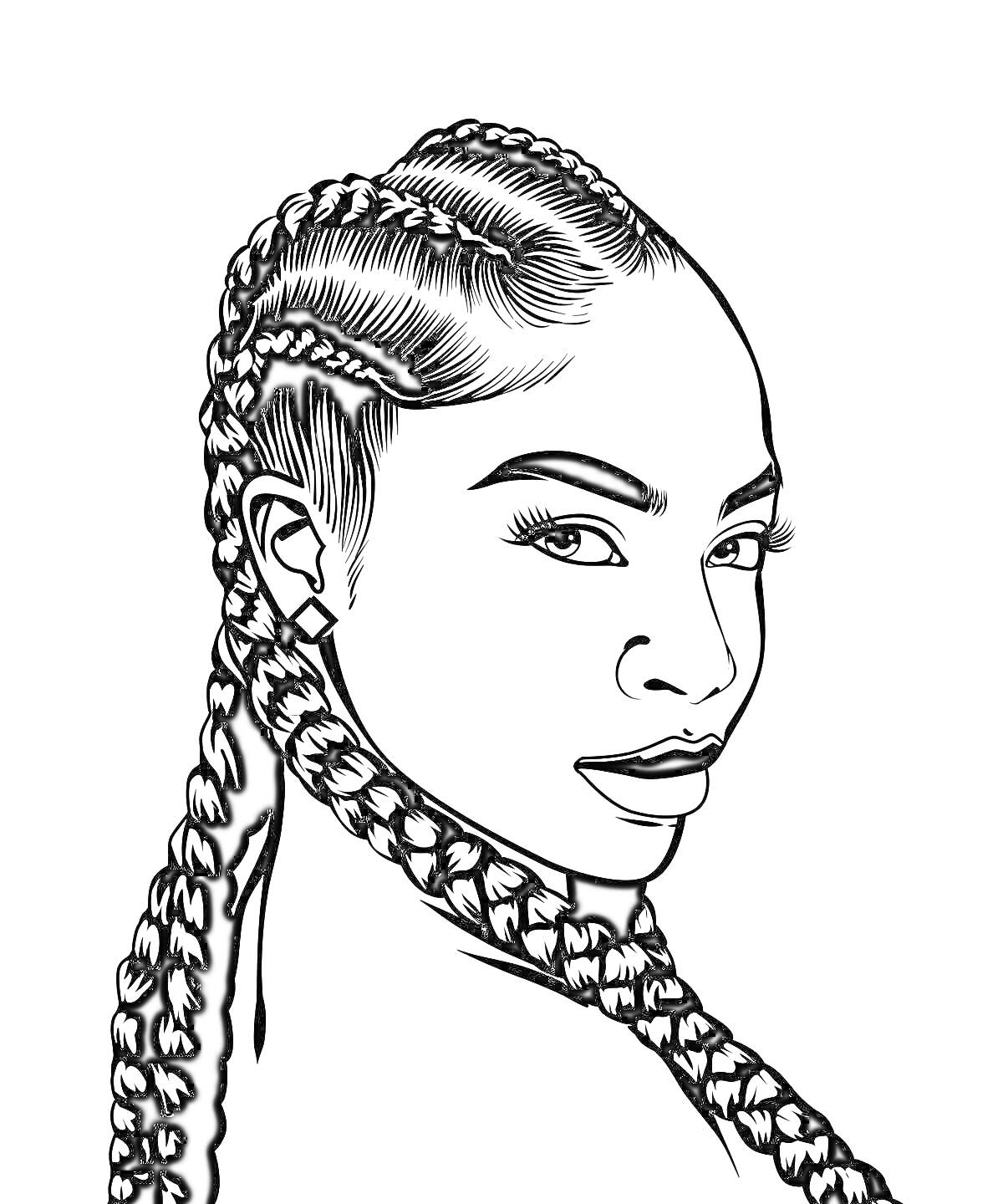 Раскраска Девушка с длинными косичками