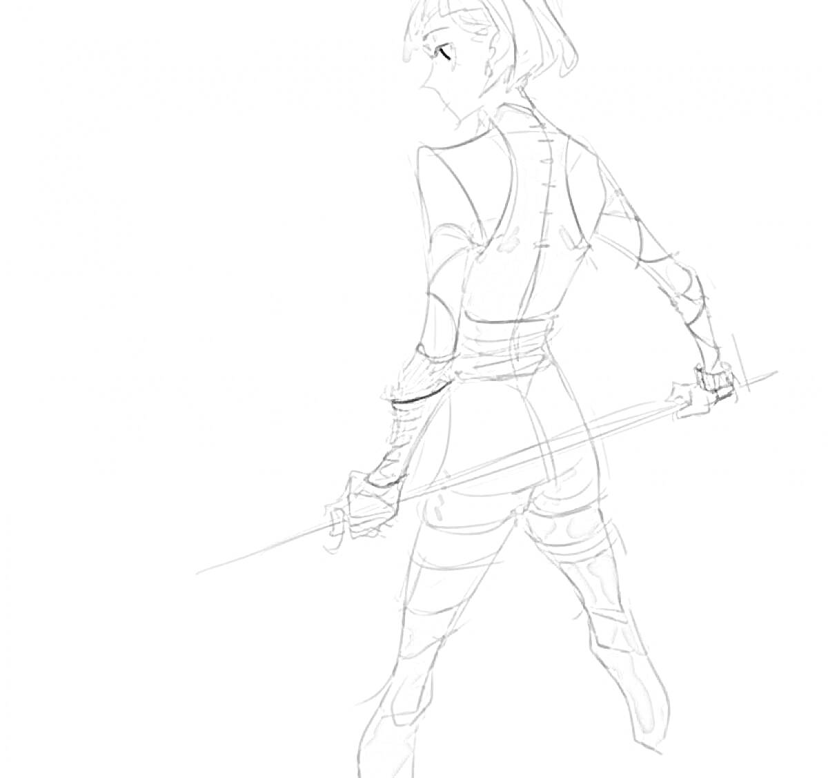 Раскраска Девушка с мечом в боевой стойке