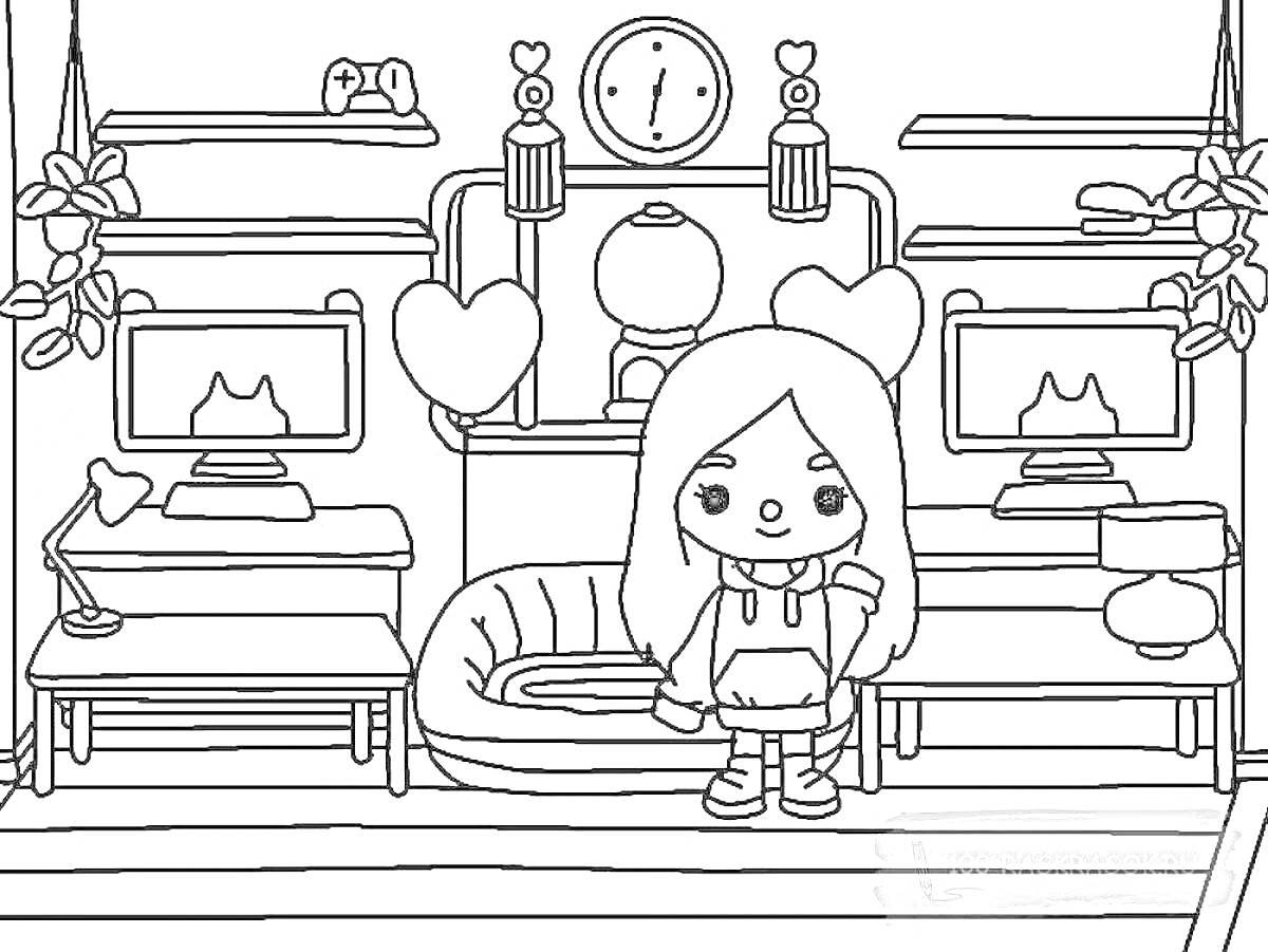 Раскраска Девочка в комнате с двумя мониторами, сердцами и растениями