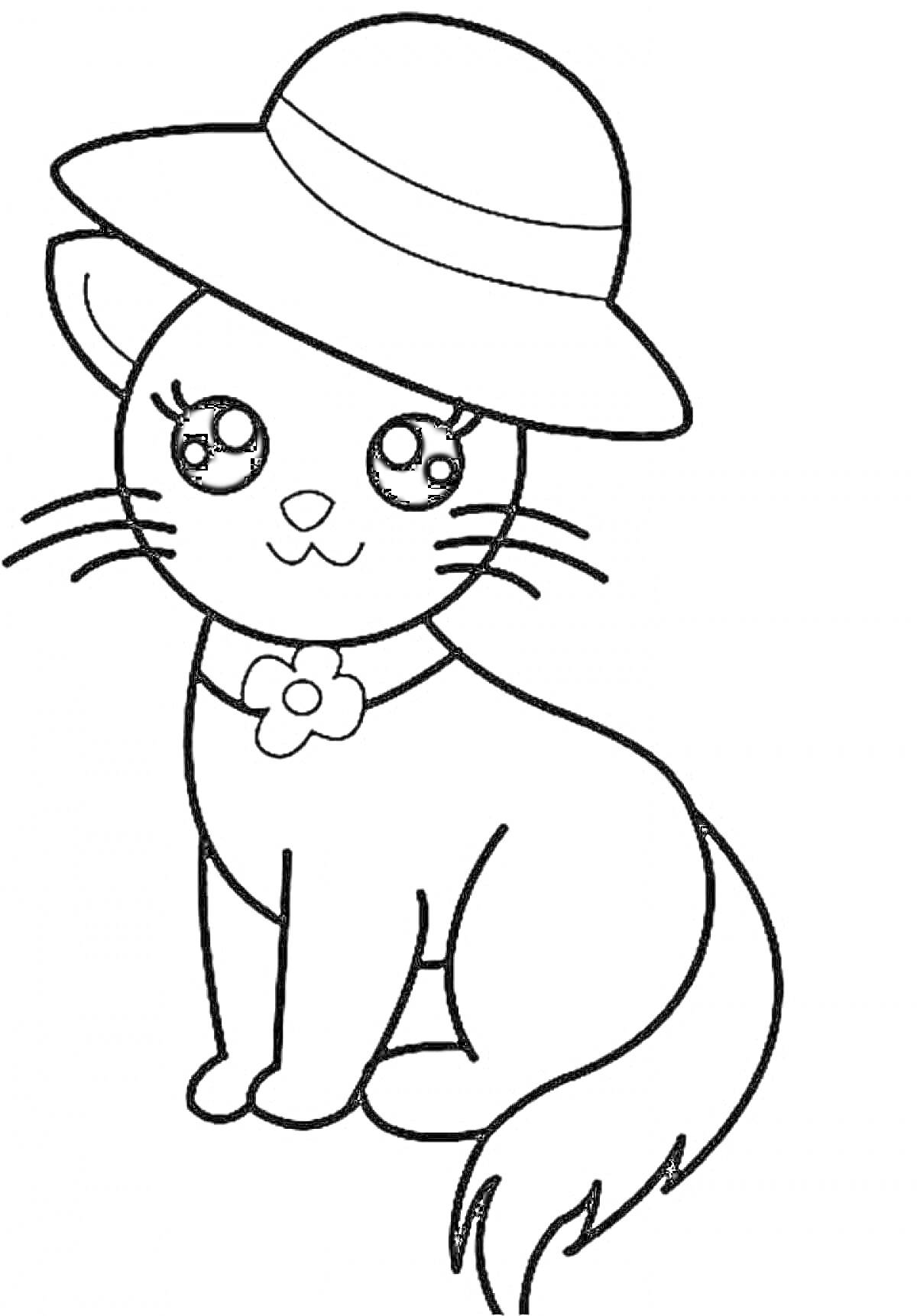 Раскраска Кошка с цветочным ожерельем и шляпой для детей