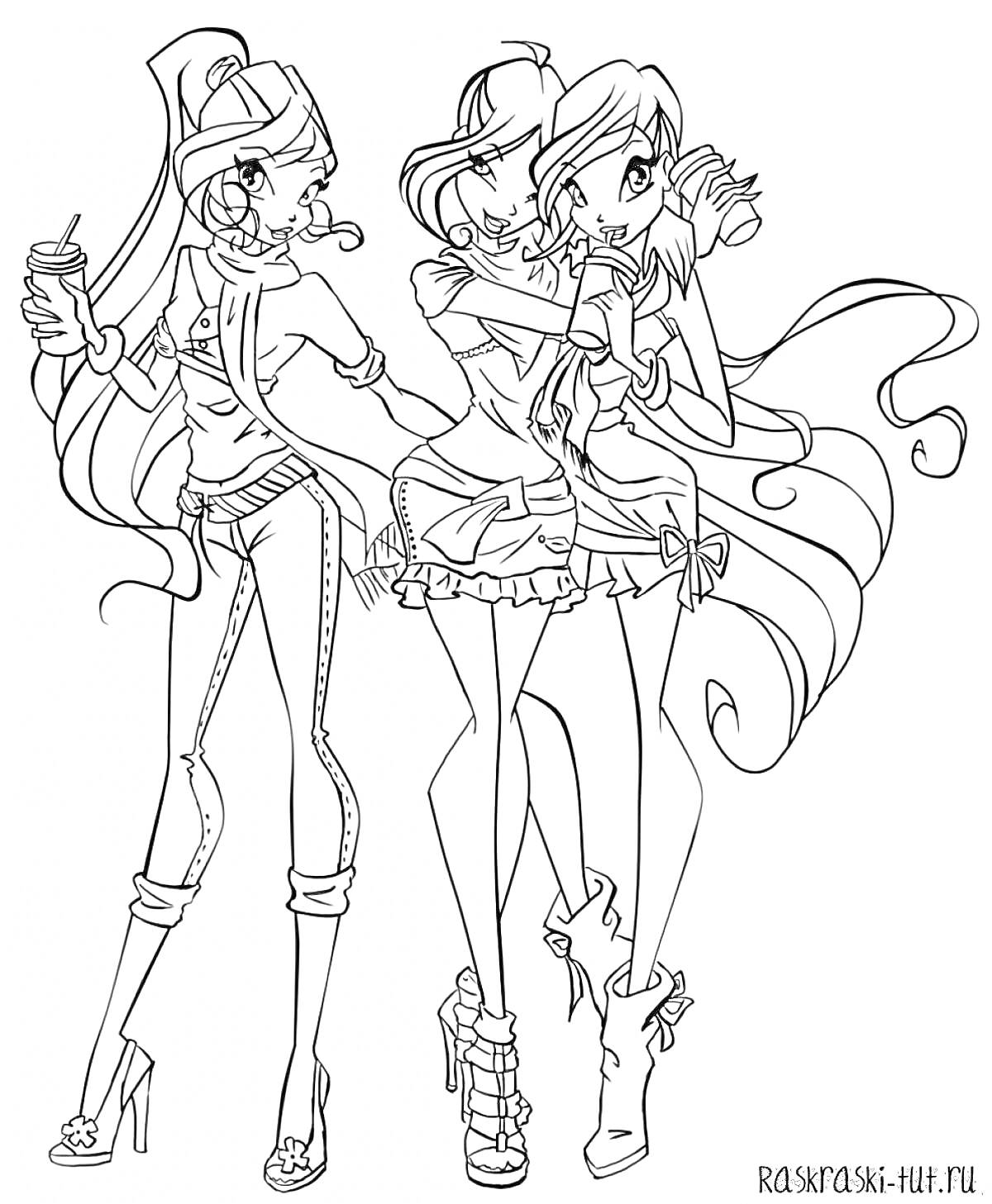 Раскраска Трое девушек из клуба Винкс с длинными волосами и модной одеждой, одна пьет напиток, остальные двое обнимаются