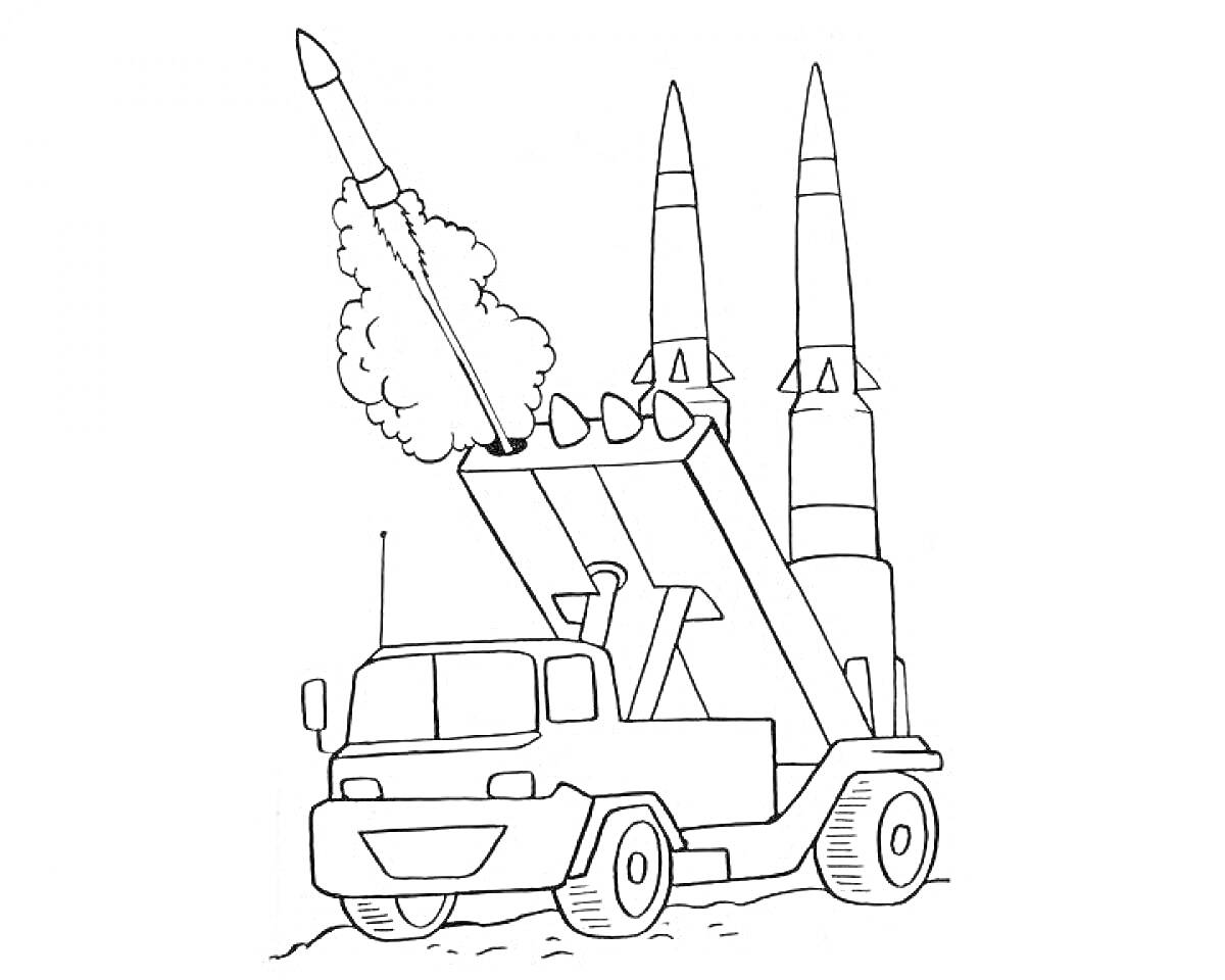 На раскраске изображено: Военная техника, Ракета, Военная машина, Техника, Для детей, Грузовая машина