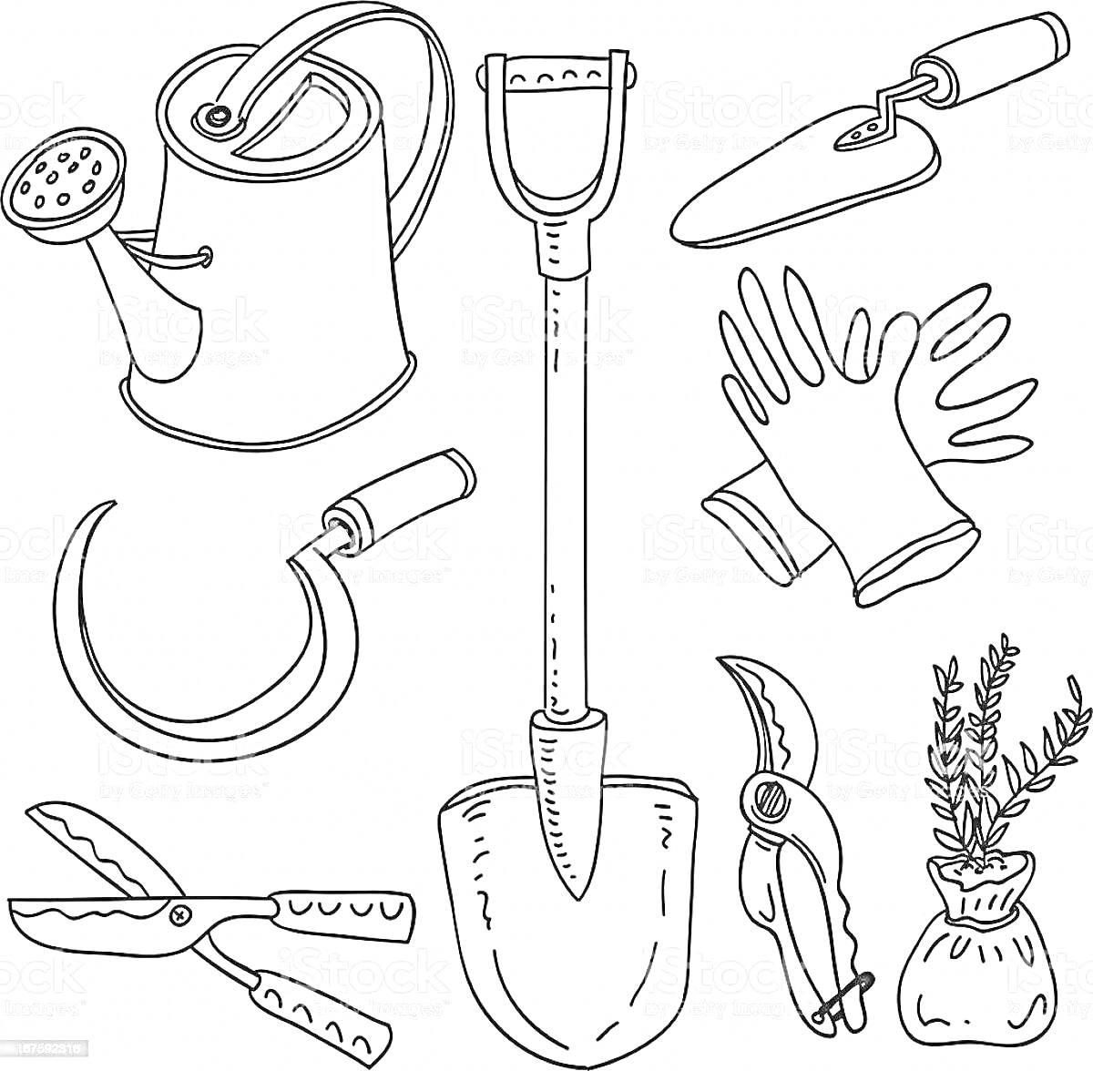 Раскраска Лейка, садовая лопатка, тяпка, рабочие перчатки, секатор, садовый нож, мешочек с растениями, серп