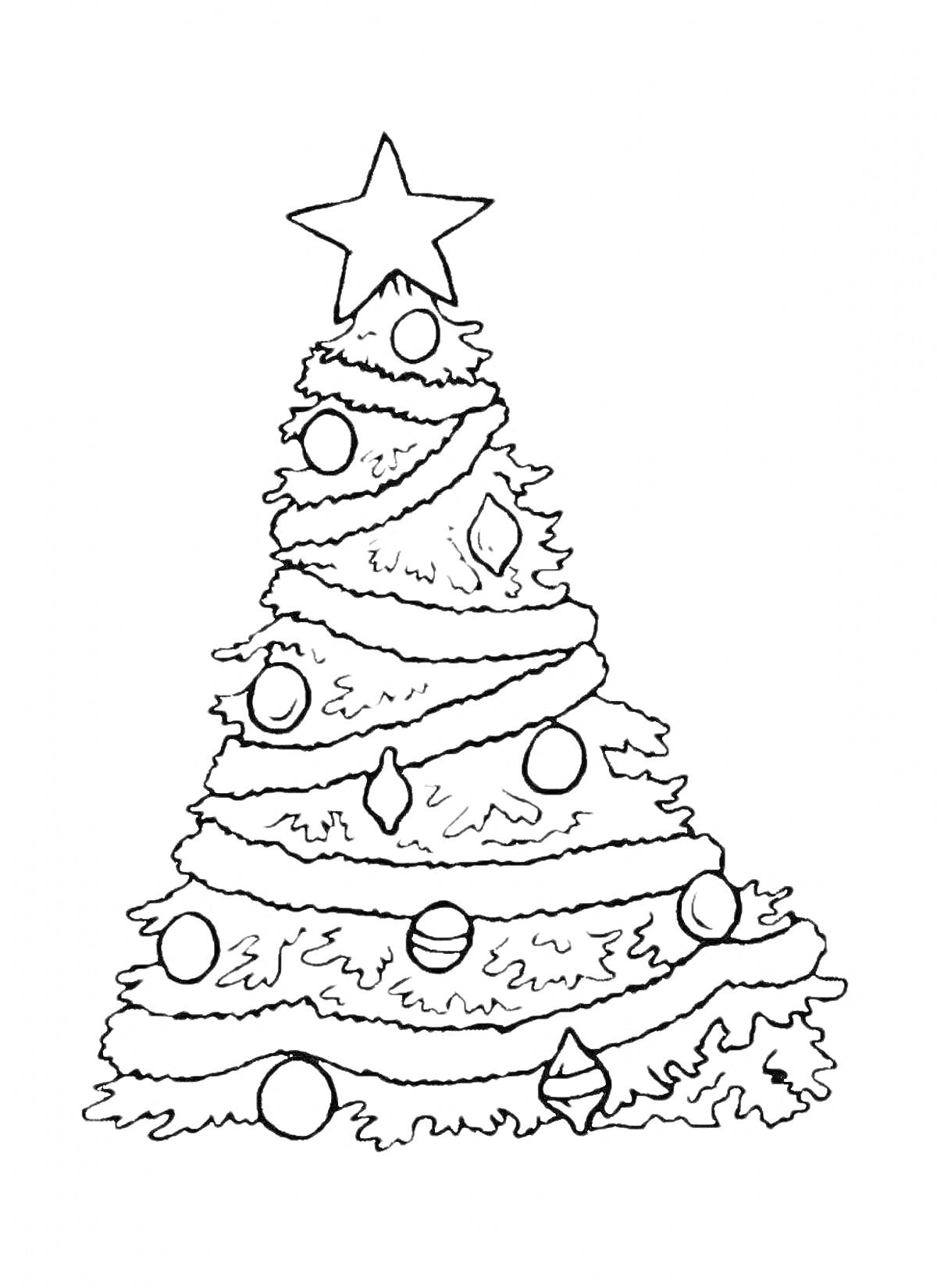 На раскраске изображено: Новогодняя елка, Гирлянда, Новогодние шары, Елочные украшения, Новый год