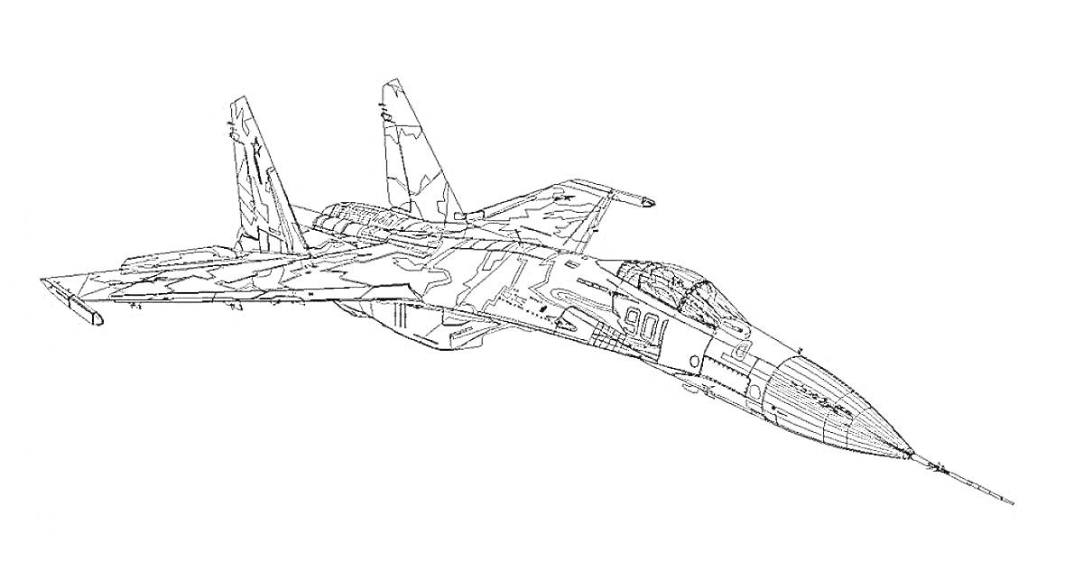 Раскраска Истребитель Су-27 с камуфляжным рисунком