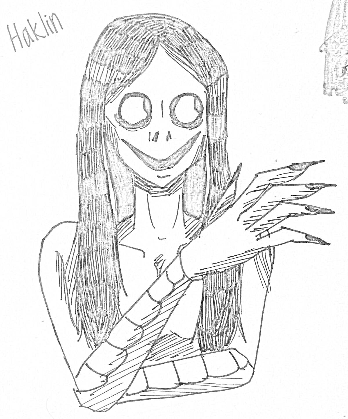 Раскраска Момо с длинными черными волосами, большими глазами и длинными когтями