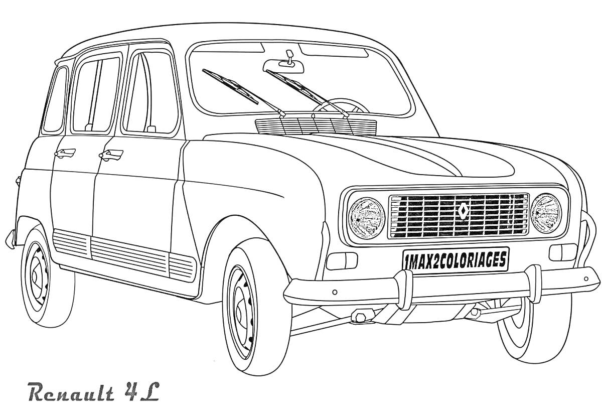 Renault 4L с фарами, решеткой радиатора, стеклоочистителями и значком.