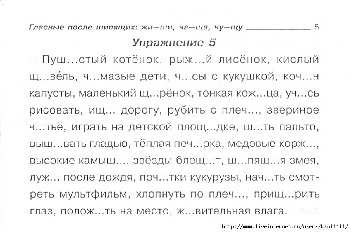 Упражнение 5 по написанию слов с сочетаниями жи-ши, ча-ща, чу-щу для 2 класса