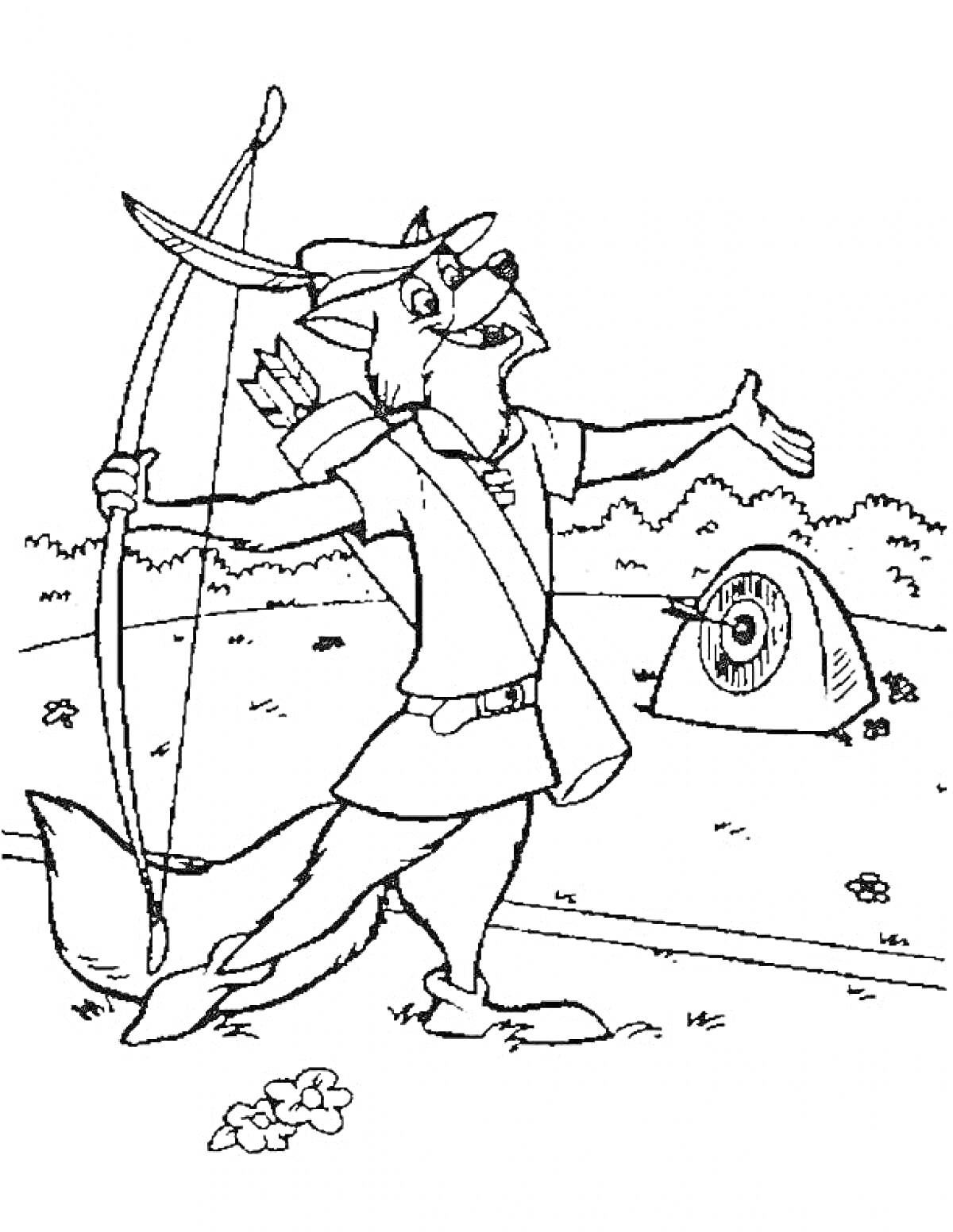 Лис-Робин Гуд с луком и стрелами, мишень и кусты на фоне, цветы на переднем плане