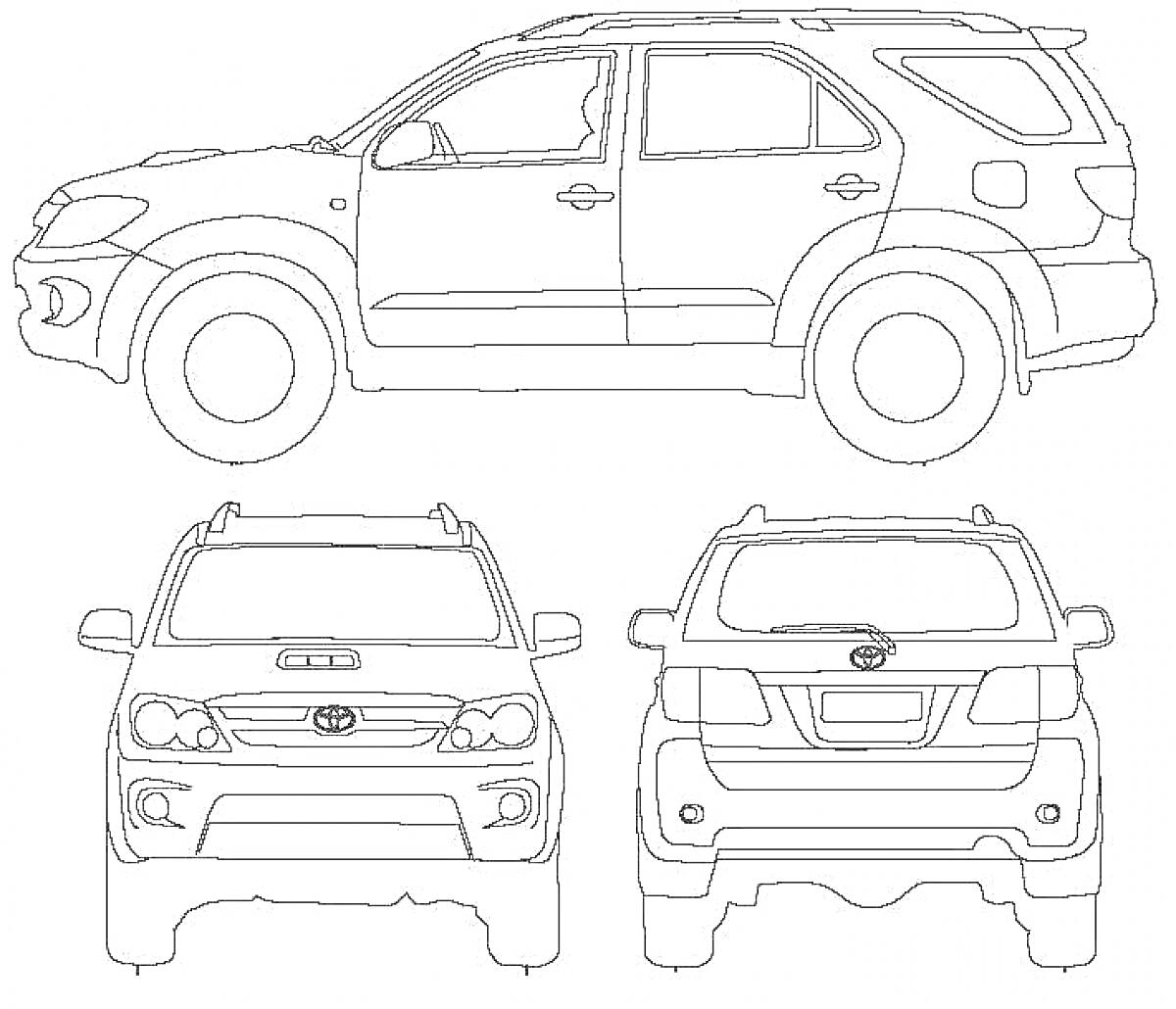 Раскраска Тойота Рав 4 вид сбоку, вид спереди и вид сзади