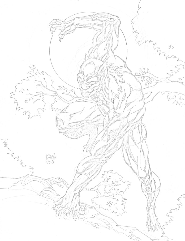 Раскраска Человек в костюме Черной Пантеры на фоне луны и деревьев.